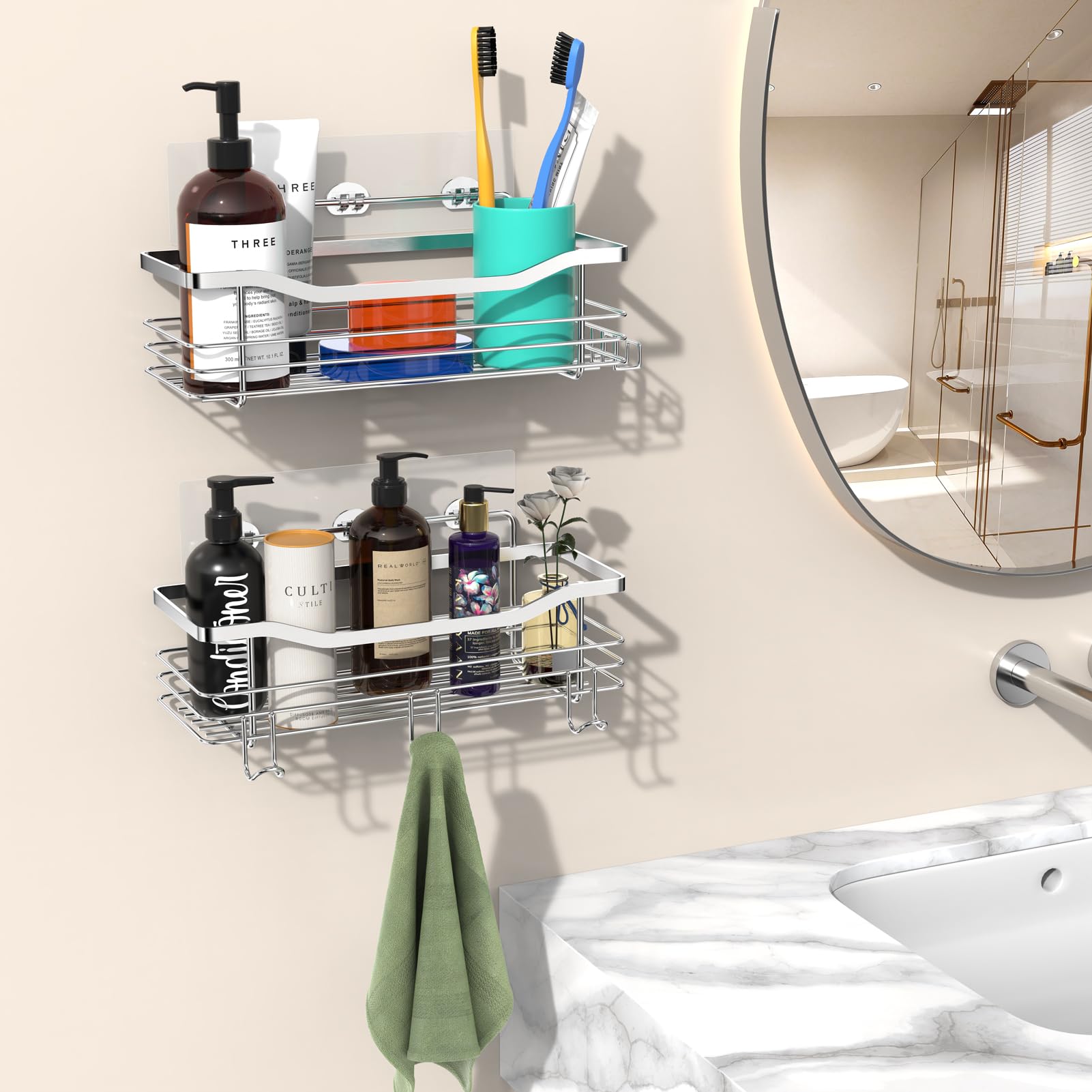 Duschablage ohne Bohren, Duschkorb Selbstklebend Duschregal Edelstahl Badregal Shampoo Halterung, für Bad Küche Toilette mit 5 Haken (2 Stück Silber)