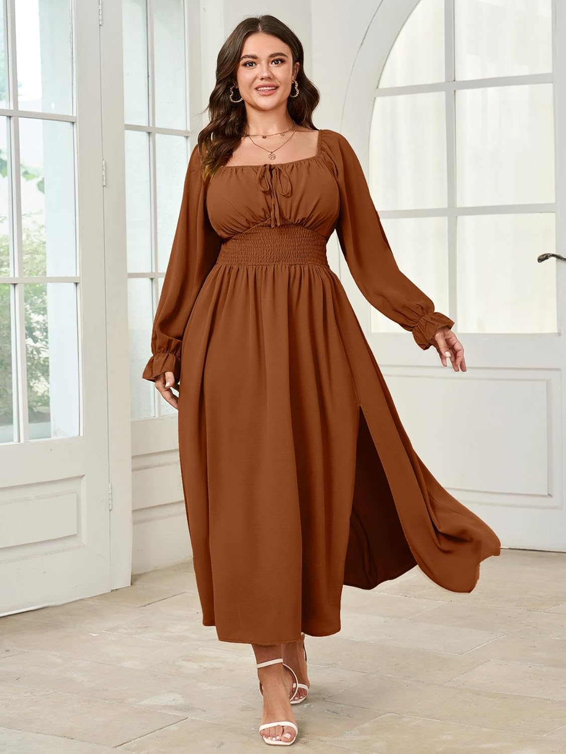 Women's Plus Size Dress Long Sleeve Smocked Dress Square Neck Tie Front Split A-Line Maxi Long Dresses - Image 2