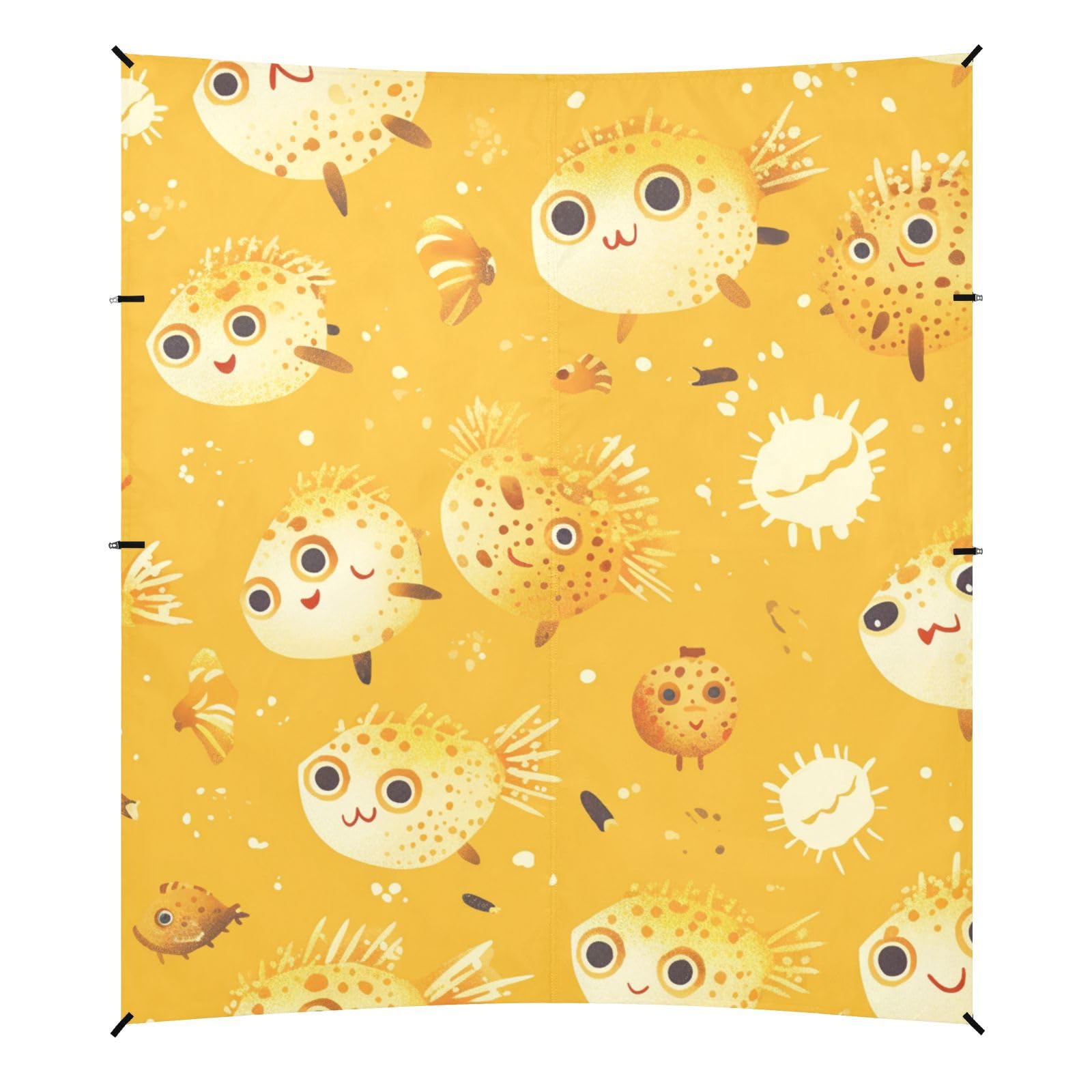 Cute Cartoon Puffer Fishs Stable Beach Tent UPF50 Easy Setup Large Sun Shelter with Sturdy Poles, Sandbags and Shovel for Camping, Fishing, Backyard Fun