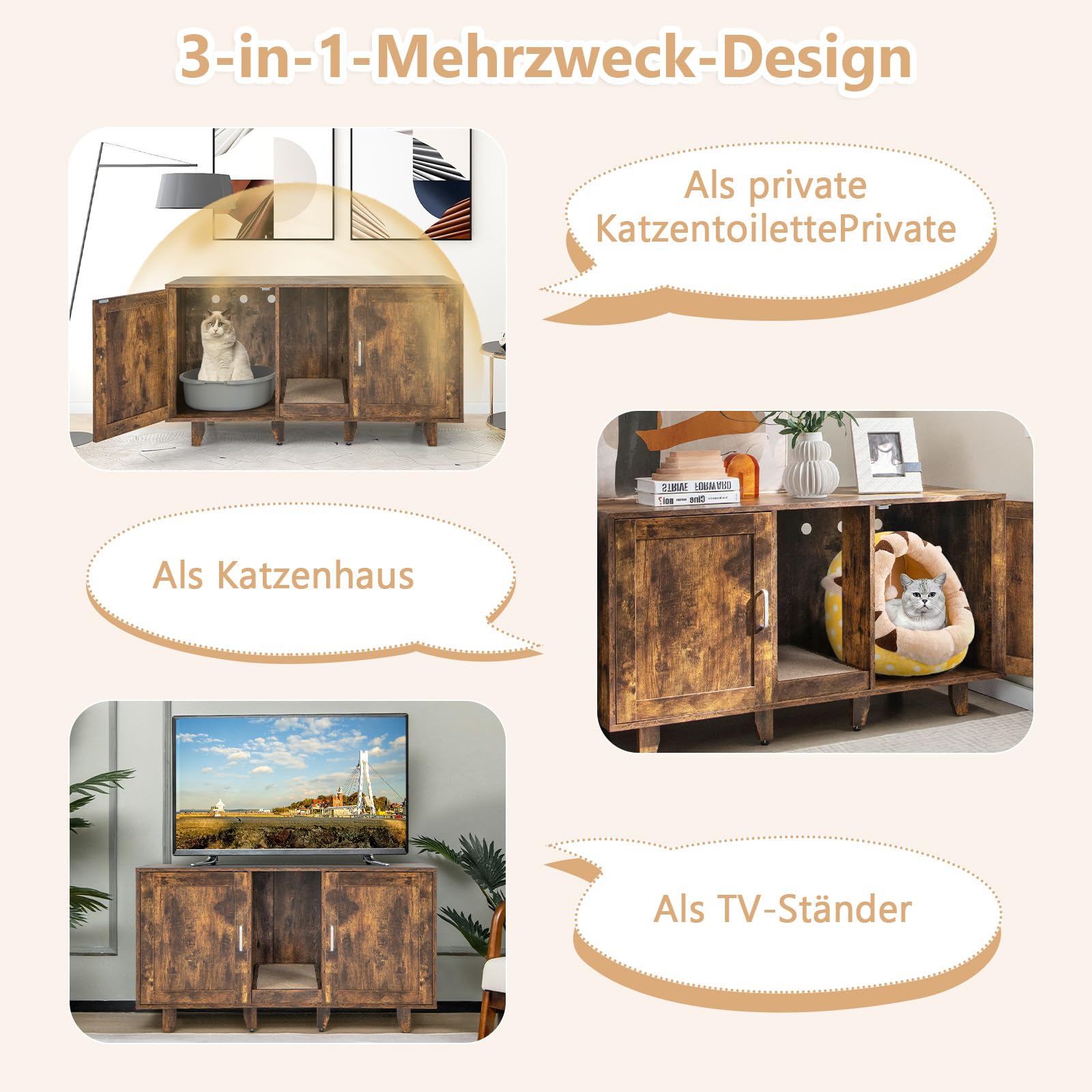 GOPLUS 3 in 1 Katzenschrank, Katzentoilette mit 2 Türen & abnehmbaren Beinen & herausnehmbarem Kratzbrett, Katzenhöhle Beistelltisch TV-Ständer für 2 Katzen, 120x52x65cm (Vintage)