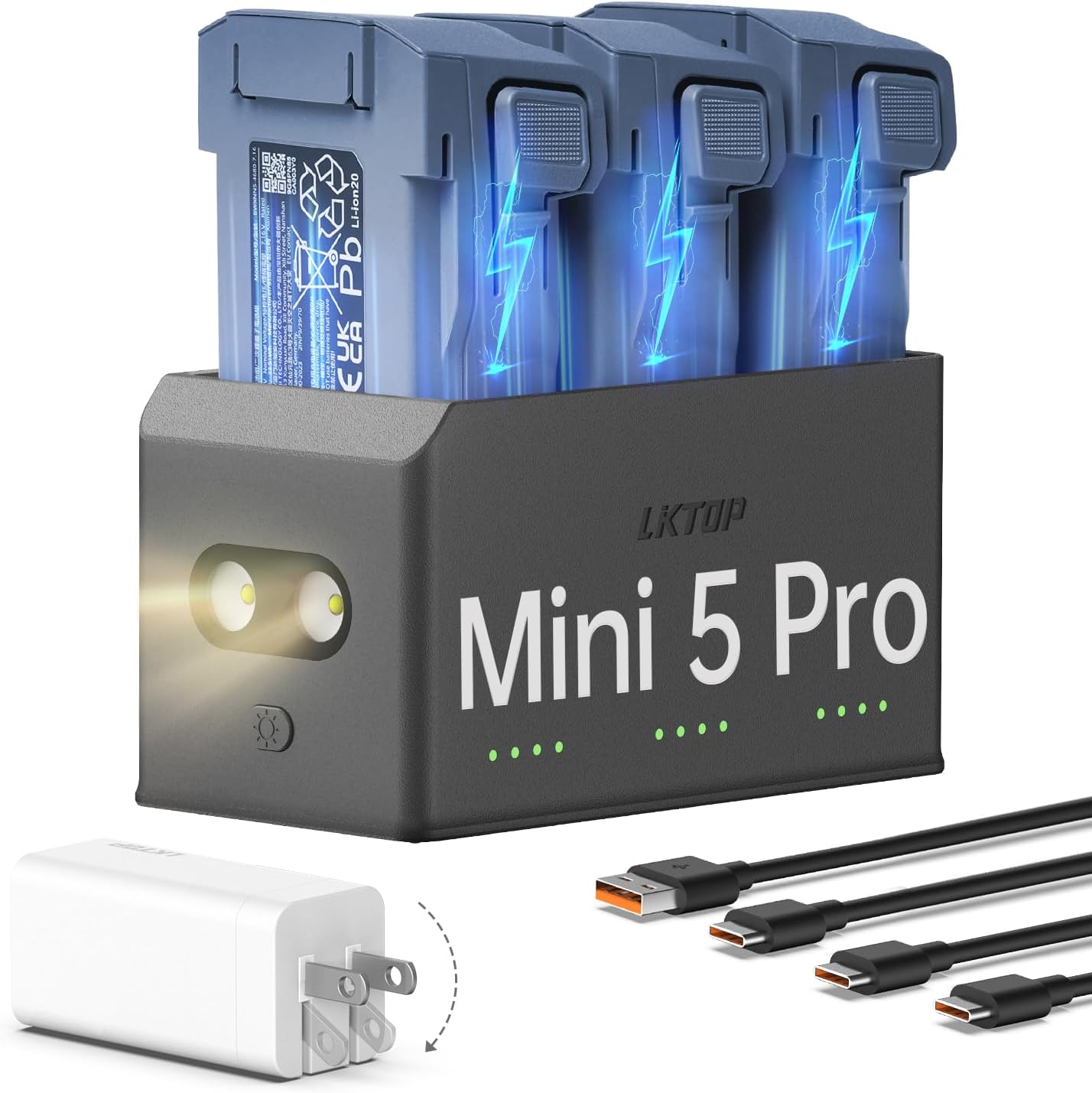 100W Mini 5 Pro Parallel Charging Hub with 65W Fast Battery Charger for DJI Mini 5 Pro Drone Accessories, with Storage LED Lights SOS Mode (Charge 3 Batteries Simultaneously: 1hr 55min)