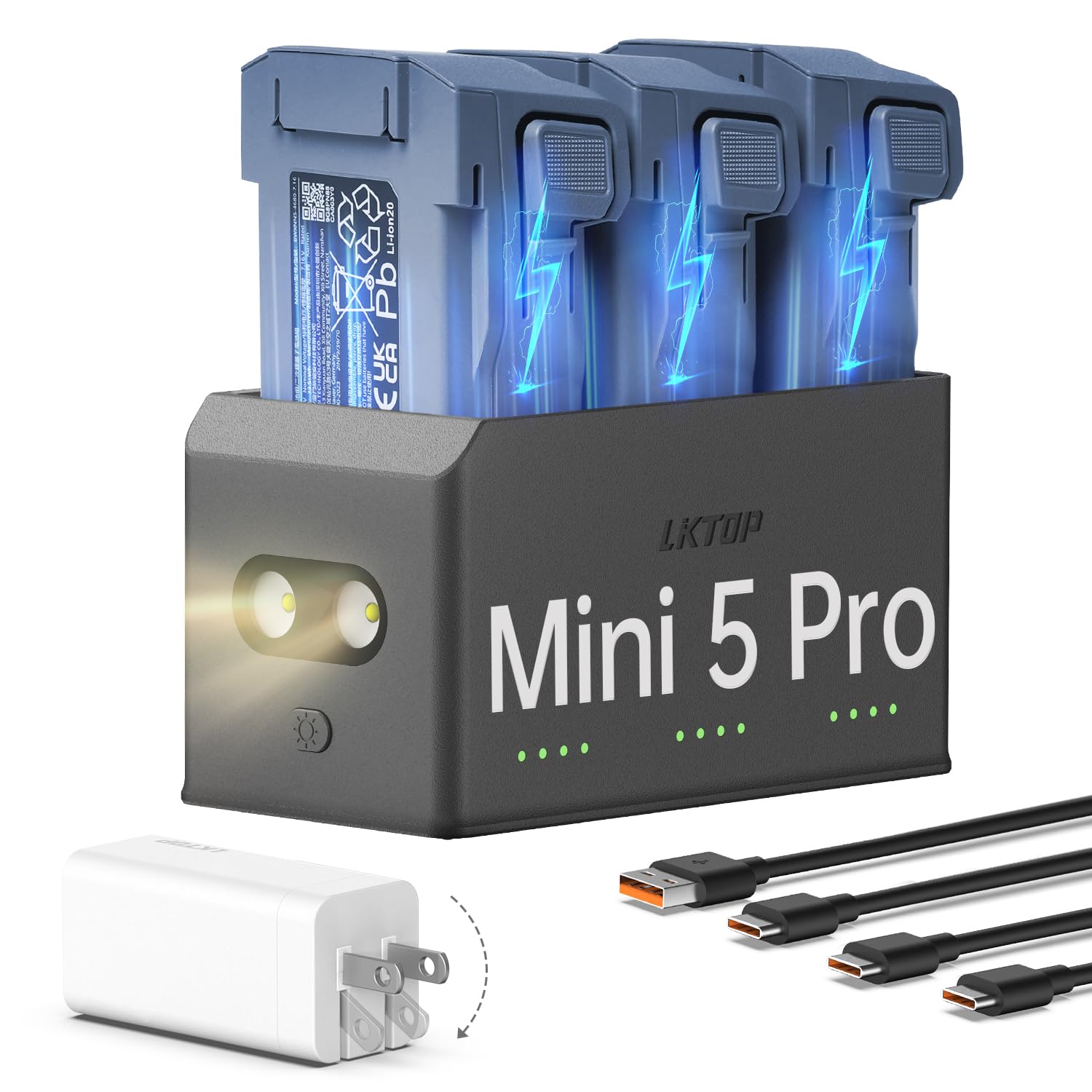 LKTOP 100W Mini 5 Pro Parallel Charging Hub with 65W Fast Battery Charger for DJI Mini 5 Pro Drone Accessories, with Storage LED Lights SOS Mode (Charge 3 Batteries Simultaneously: 1hr 55min)