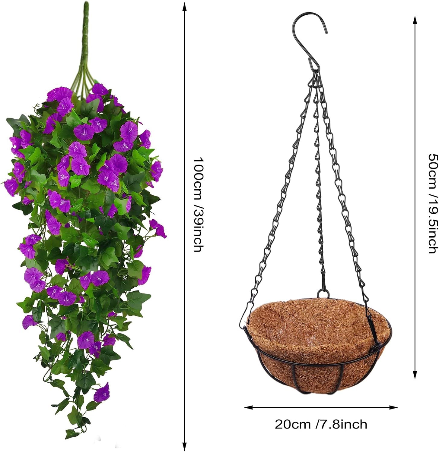Artificial Fake Hanging Flowers Plants Basket for Spring Outdoor Outside Decoration, UV Resistant Faux Plastic Fabric Flower Morning Glory Wisteria Petunia for Garden Porch Patio Balcony Yard Decor
