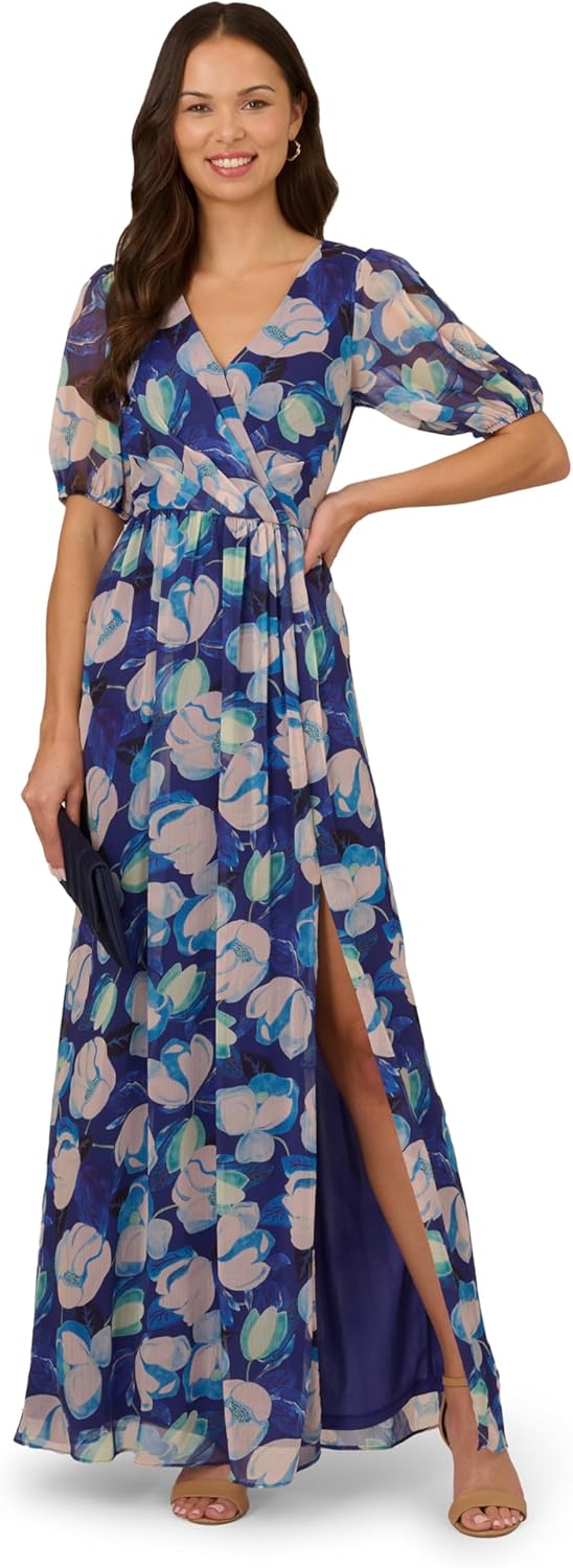Adrianna Papell Womens Crinkle Chiffon Floral Gown - Image 4