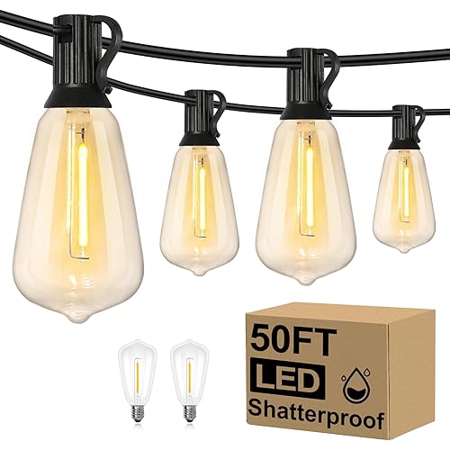 Brightever LED Outdoor String Lights 50FT Patio Lights with 27 Shatterproof ST38 Vintage Edison Bulbs, Outside Hanging Light Waterproof for Porch, Deck, Garden, Backyard, Balcony, 2200K Dimmable