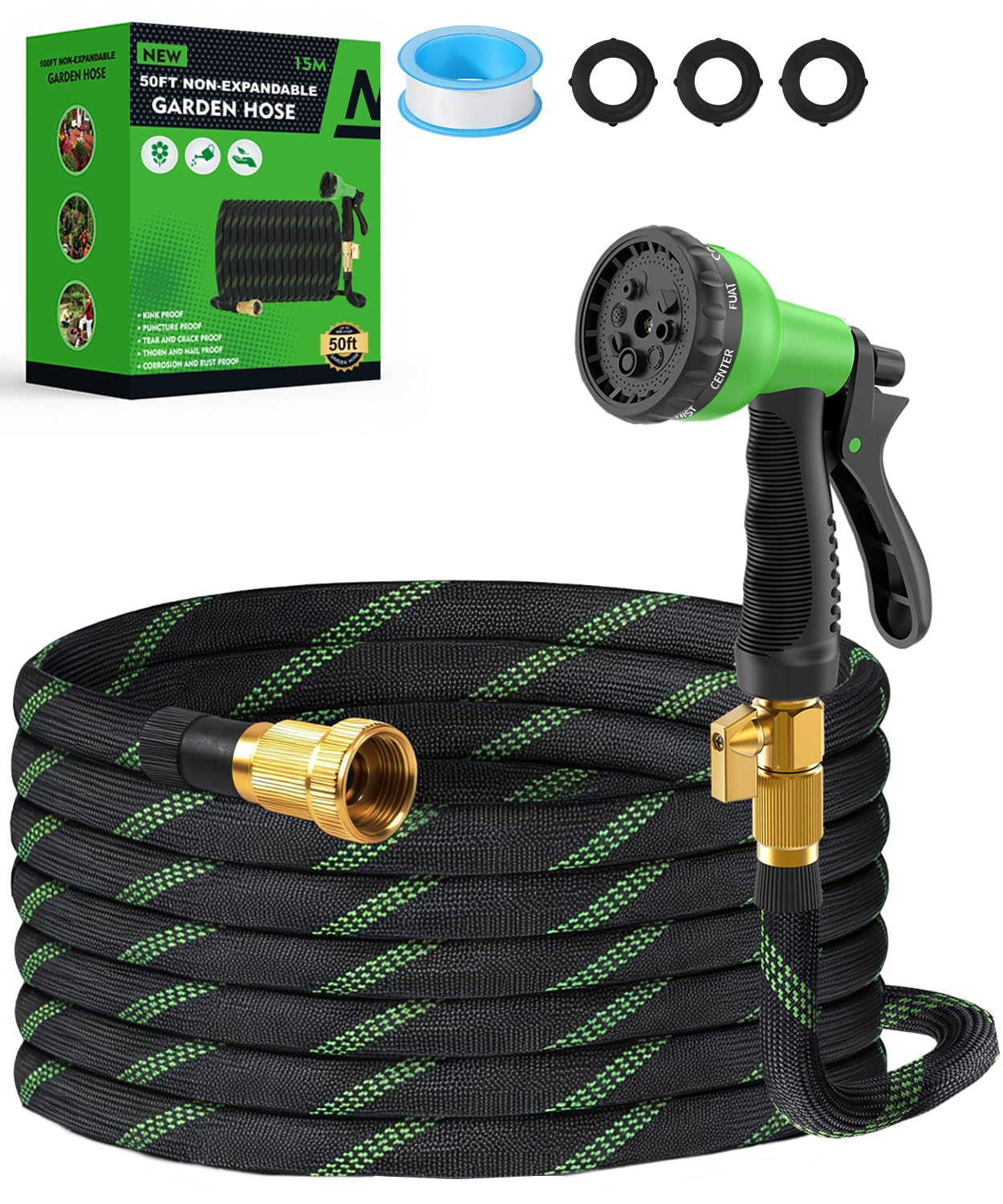 BIGITTA 50ft Non-Expandable Water Hose with Spray Nozzle