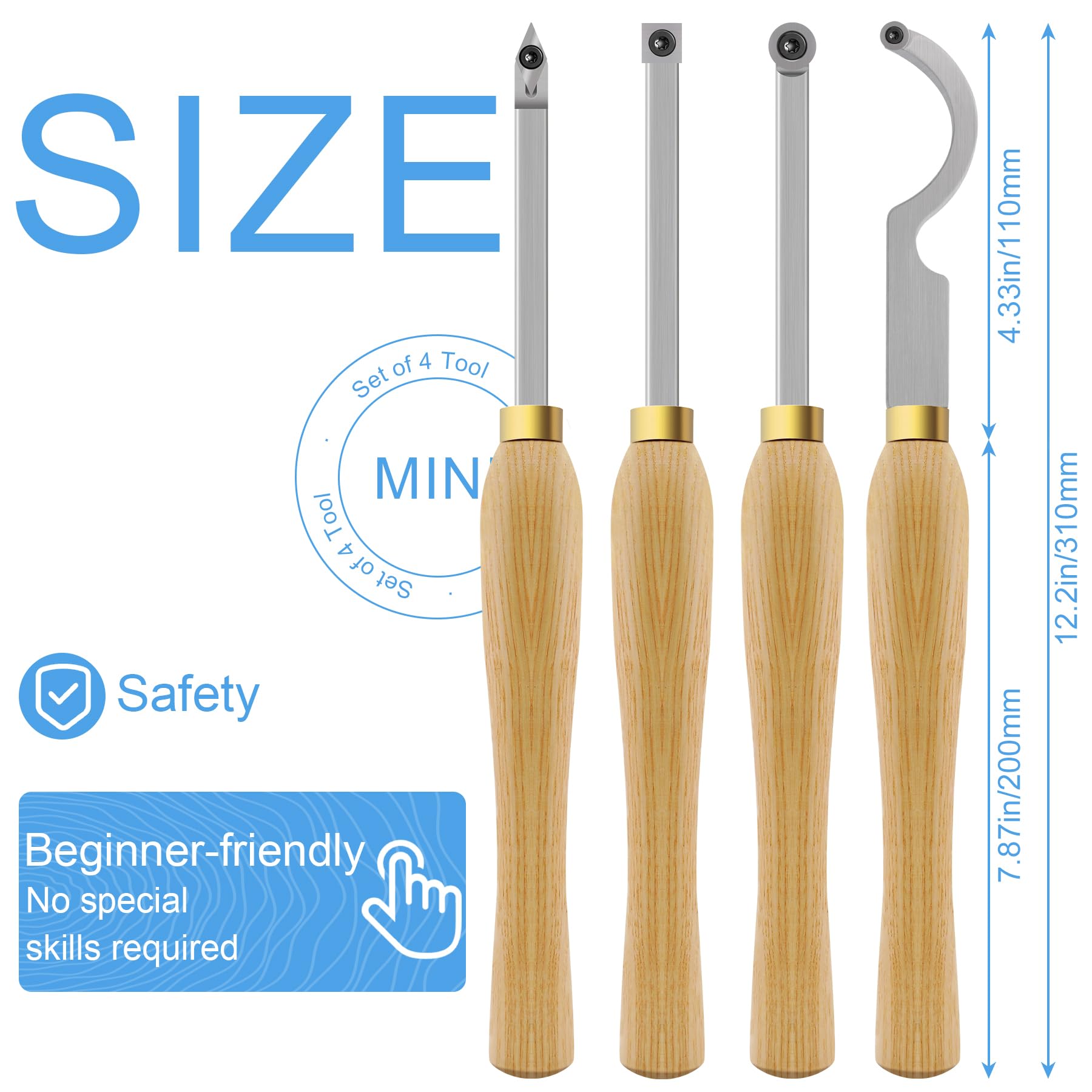 Mini-Hartmetall-Holzdrehwerkzeug-Set mit Holzgriff und 4 Hartmetall-Einsätzen, ideal zum Schruppen von Holzdrehmaschinen, Schruppen, Finishing Detailing und Aushöhlen
