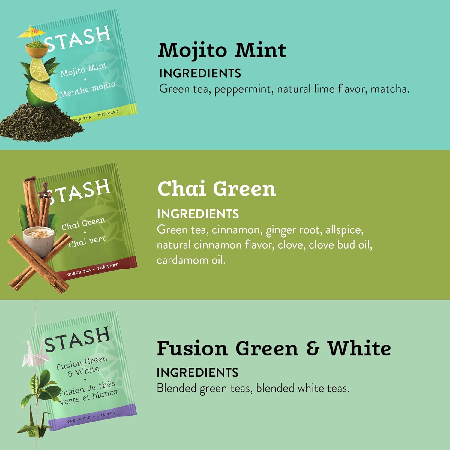Stash Tea Green Tea 6 Flavor Tea Sampler, 6 Boxes With 18-20 Tea Bags Each : Everything Else