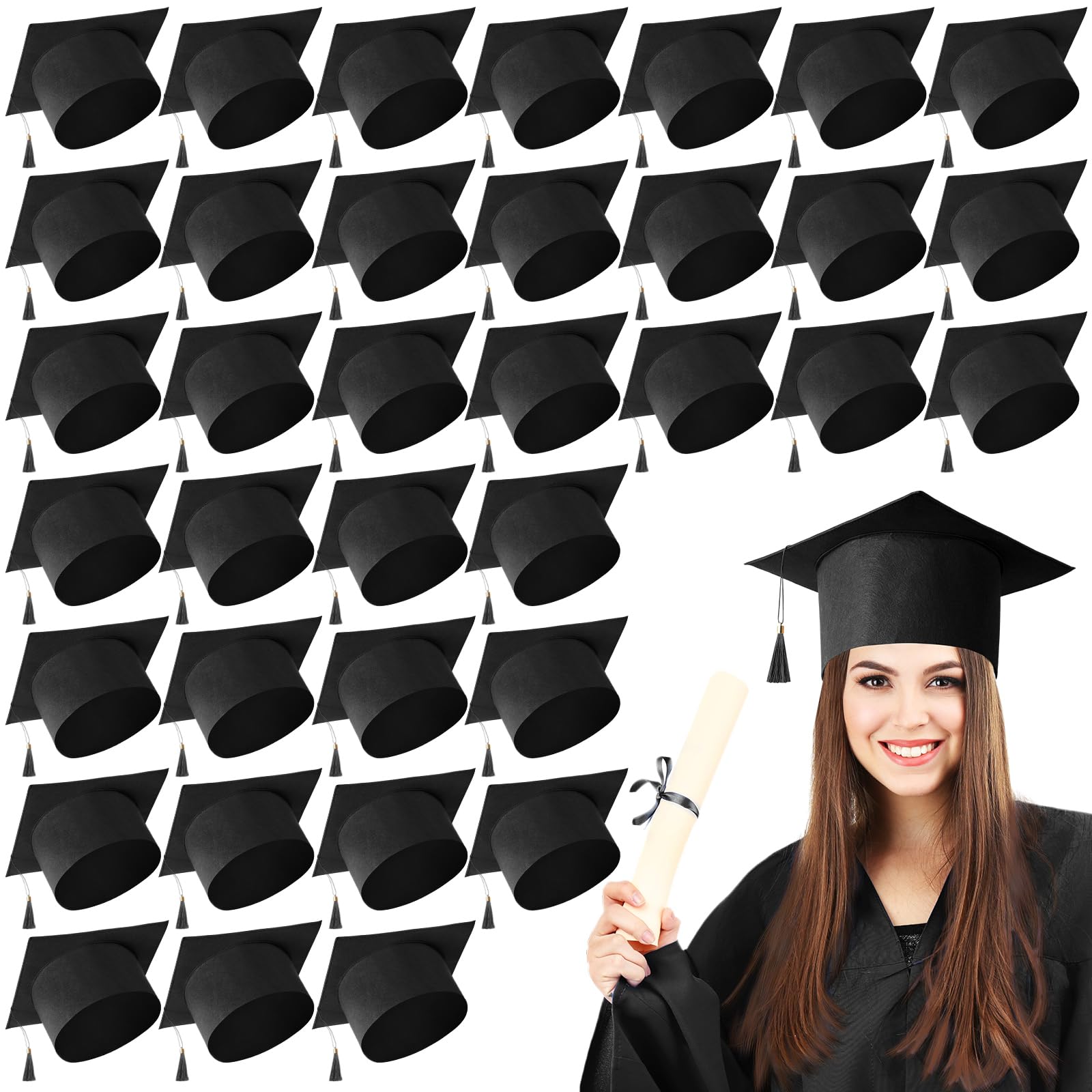 Photo 1 of JaGely 36 Pcs Adult Graduation Cap with Tassel Felt Grad Hat for Men Women Bachelor Master College Costume Accessory(Black)