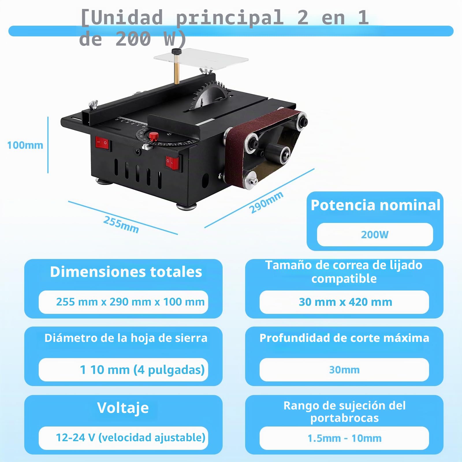 Mini Sierra de Mesa, Sierra Compacta con Lijadora de Banda, 200W Multifuncional Portátil para DIY, 4 Cuchillas, Profundidad de Corte 0,1-30mm