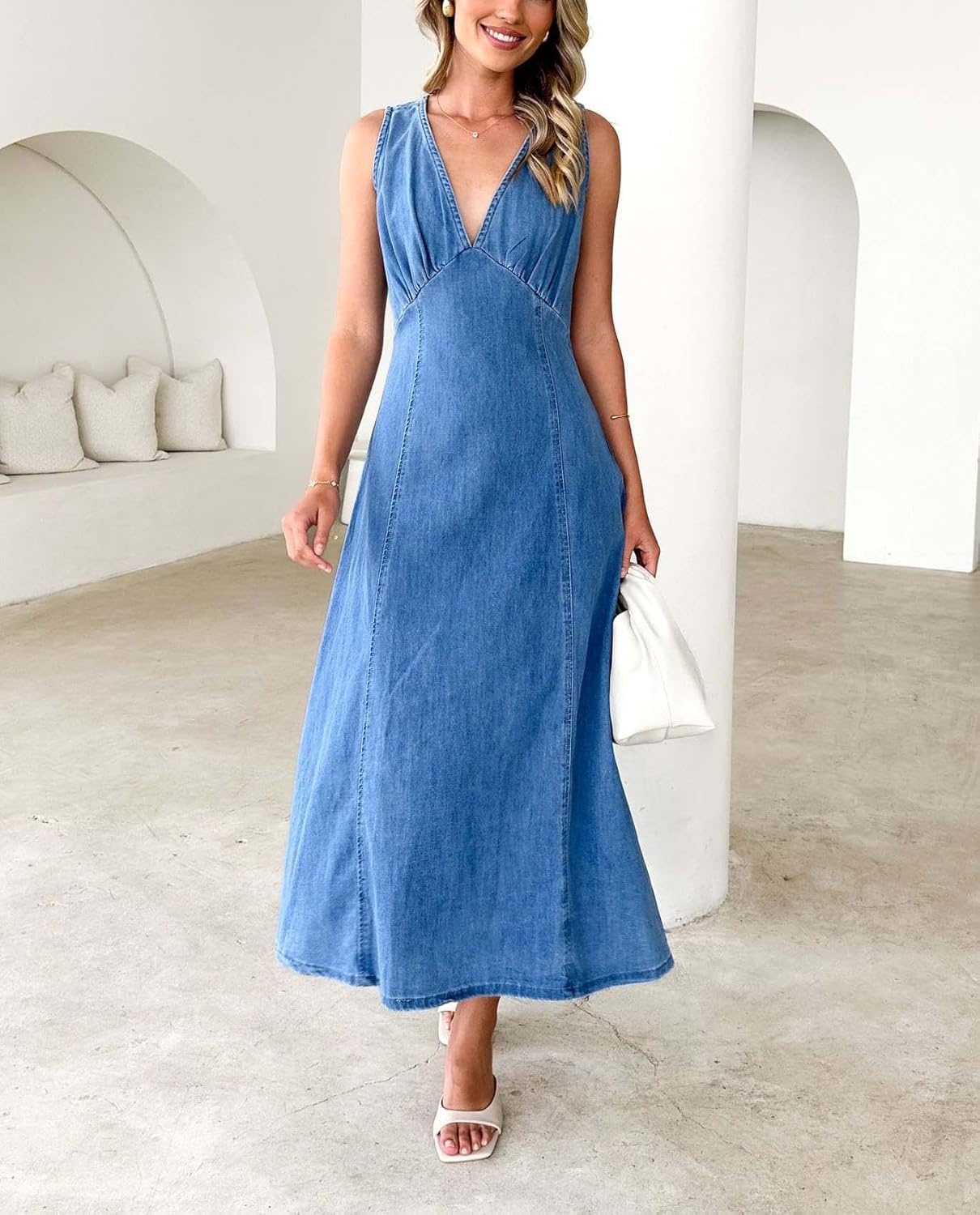 yoeasy Women's Summer Denim Dress Sleeveless V Neck High Waist Trendy Casual A Line Jean Maxi Dress - Image 6
