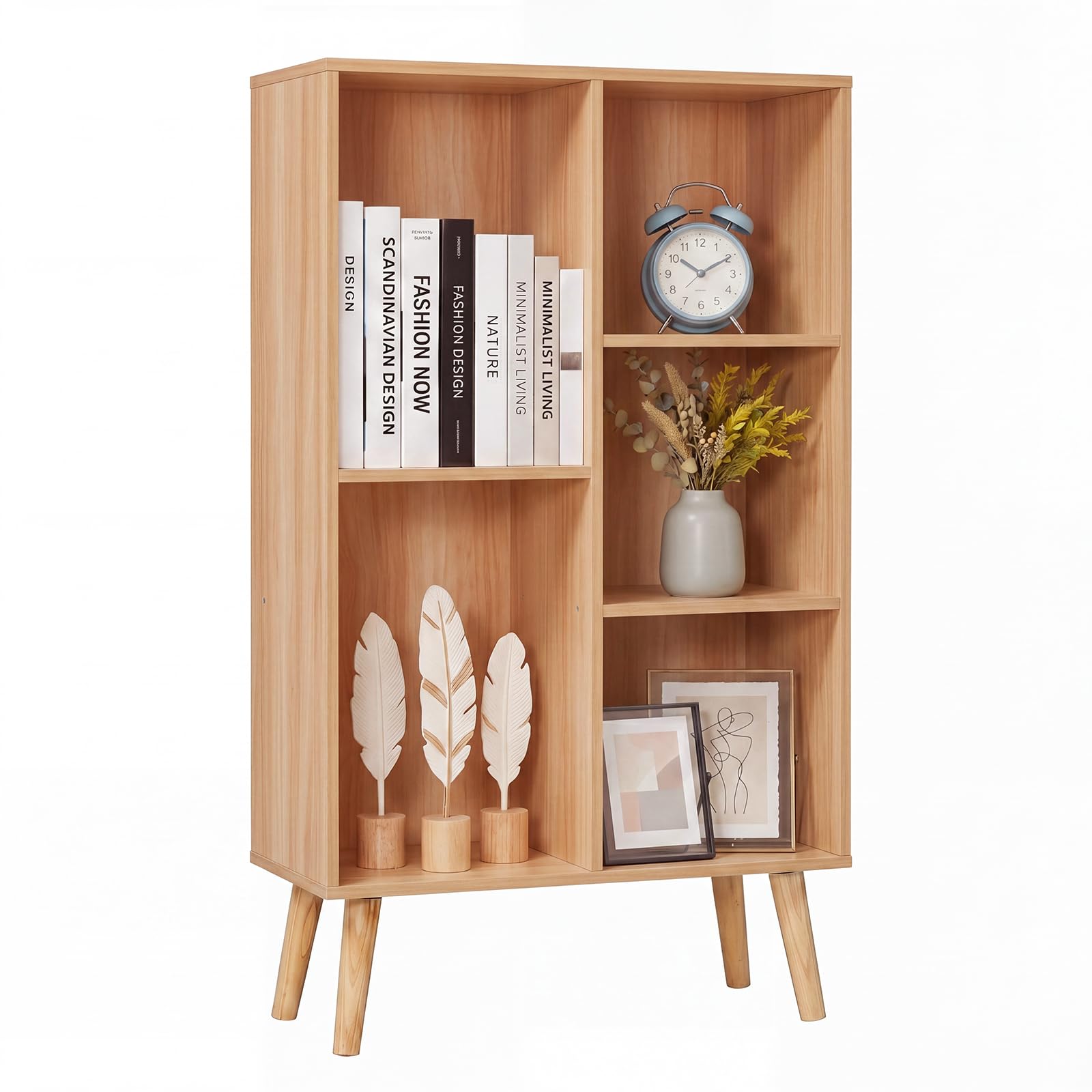 YAHARBO Small Natural Narrow Bookshelf,4 Tier Modern Bookcase with Legs,Bookshelves Wood Storage Shelf,Rustic Book Shelves Cube Organizer,Display Bookcase