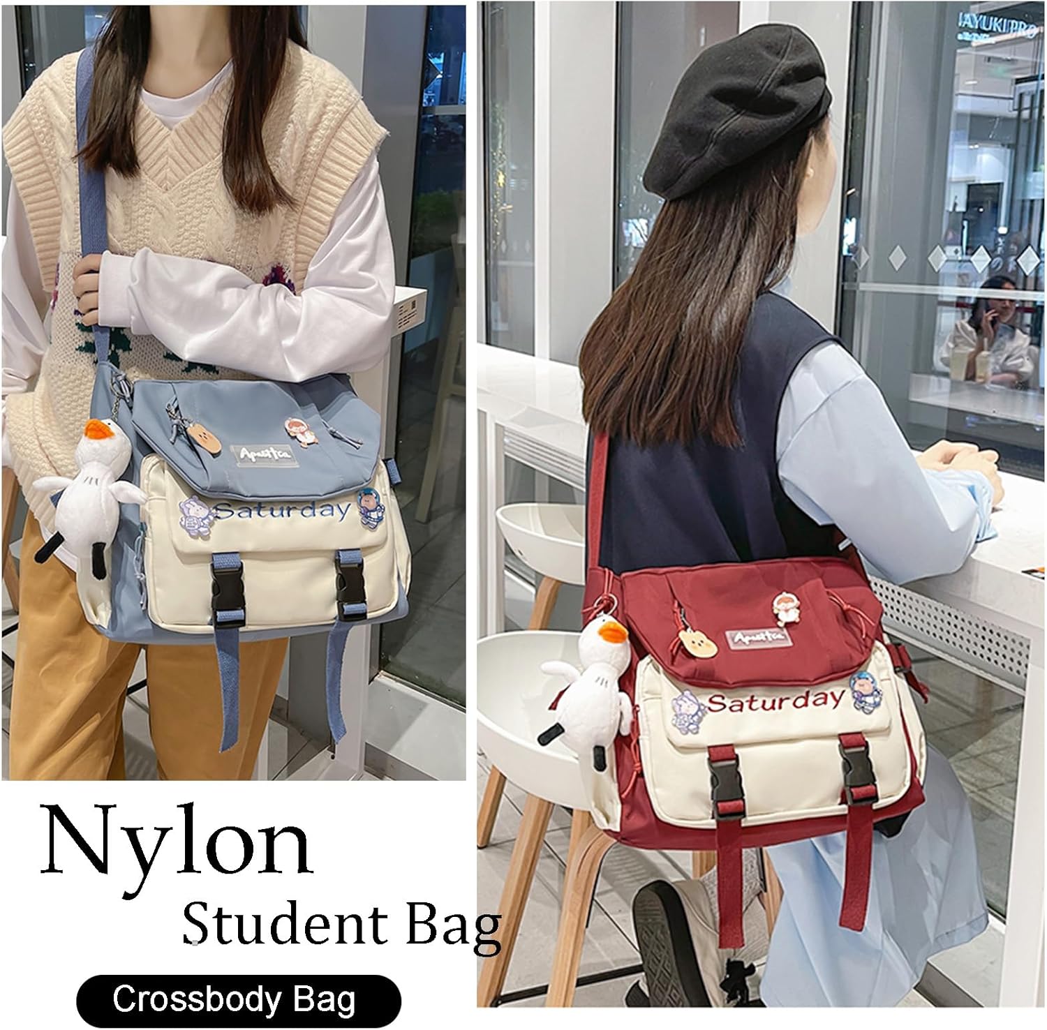 Kawaii Messenger Bag Cute Crossbody Purse Satchels Hobo Shoulder Purse with Pins and Stuffed Pendant Gift - Image 2