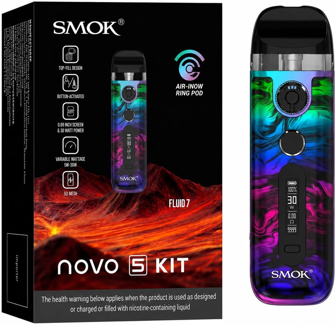 SMOK Novo 5 Pod Refillable Vape Kit [Fluid 7 Colour] | Authentic 30W Starter Device with Built-in 900mAh Battery, Adjustable Airflow, Refillable 0.7 Ohm Mesh Pods, No Nicotine