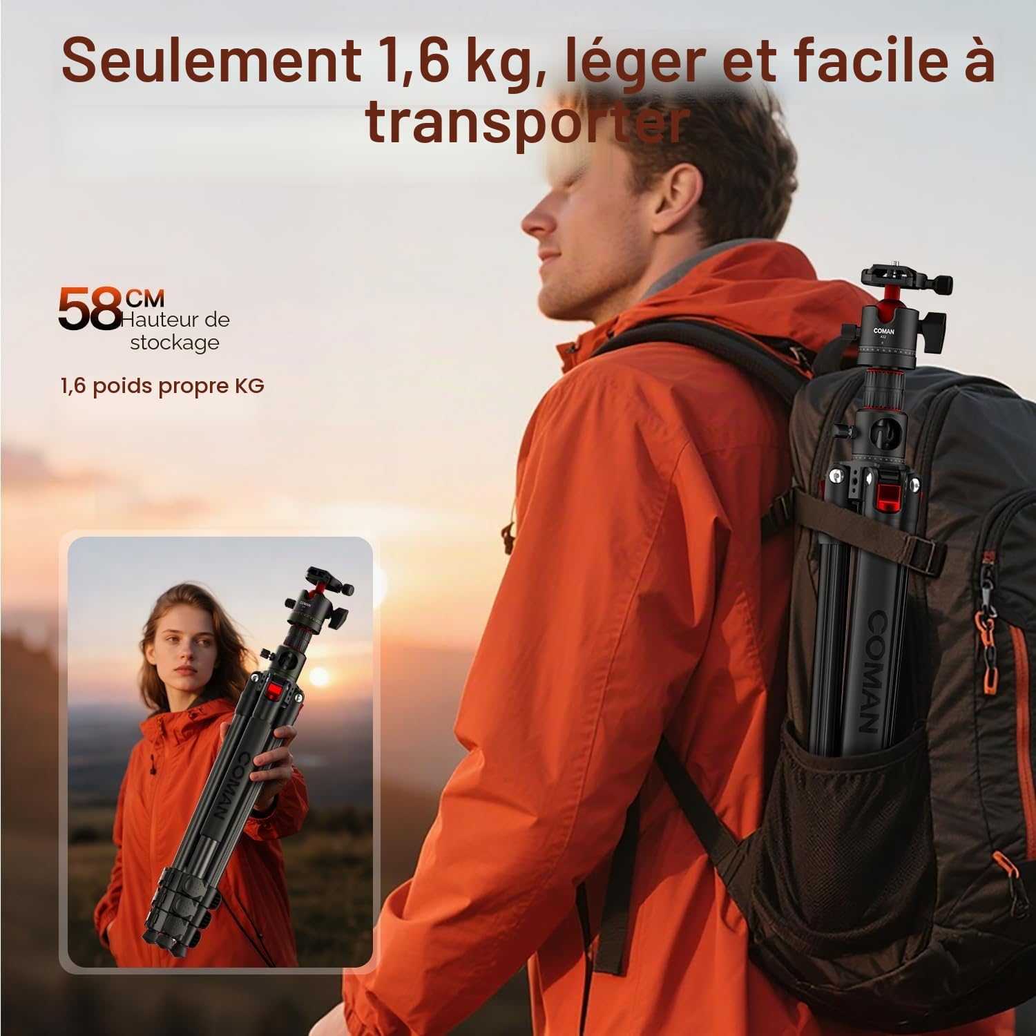 COMAN Trépied Horizontal pour Appareil Photo, Avec Colonne Centrale et Rotule à 360 Degrés,181cm Monopode Détachable en Hauteur, Avec Plaque de Dégagement Rapide Arca, Capacité de Charge Maximale 15kg