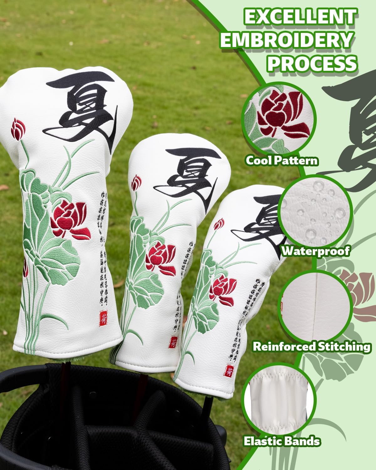 Floral Style Golf Head Covers, Lotus Golf Club Covers for Drivers, Fairway Woods, Hybrids, Mallet and Blade Putter Golf Headcovers with Advanced Embroidery Soft Lined Leather for Most Brands - Summer