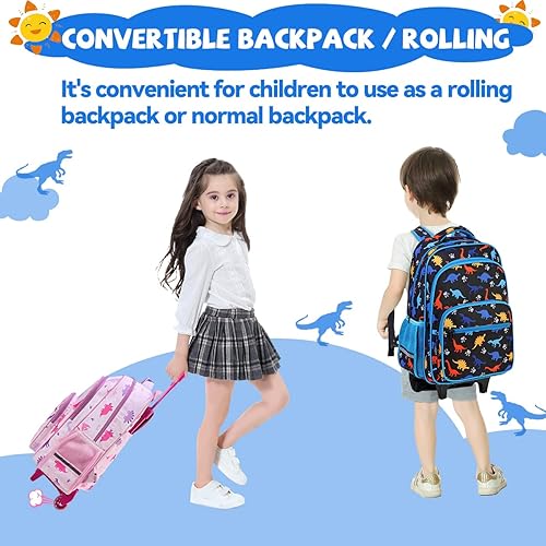 Miniatura 7 de VASCHY Mochila con ruedas para niños, resistente al agua, mochila escolar de mano con ruedas para niños y niñas, Dinosaurios azules, Mochilas Daypack