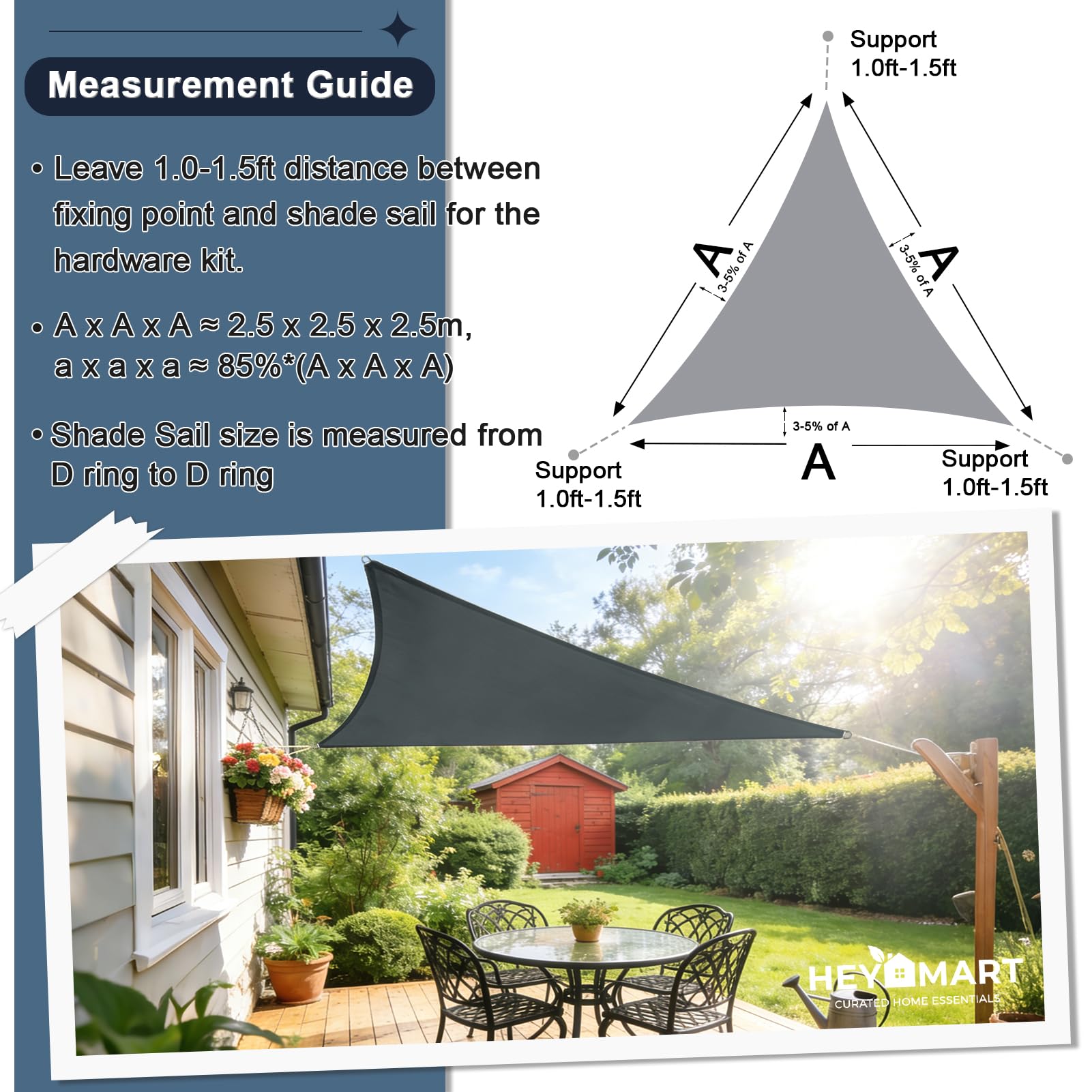 Sonnensegel Dreieck 2,5 x 2,5 x 2,5m Wasserdicht Sonnenschutz inkl Befestigungsseile PES Polyester mit UV Schutz für Garten Terrasse Camping, Anthrazit