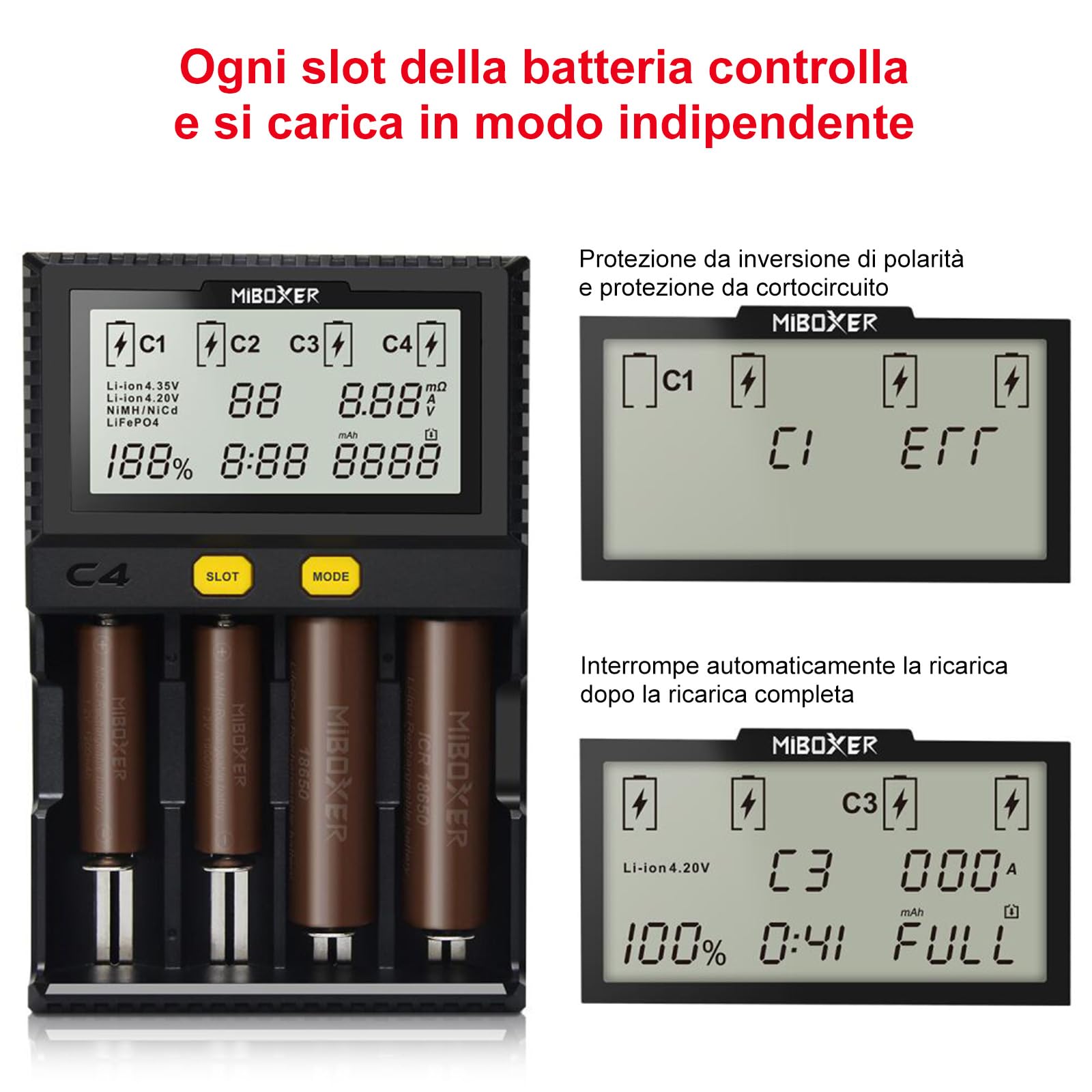 Caricabatteria 18650, Caricatore Universale a 4 Alloggiamenti MiBOXER Smart, Display LCD Automatico, Ricarica Rapida Li-ion LiFePO4 Ni-MH Ni-Cd AA AAA C 18350 18500 18700 20700 21700 RCR123