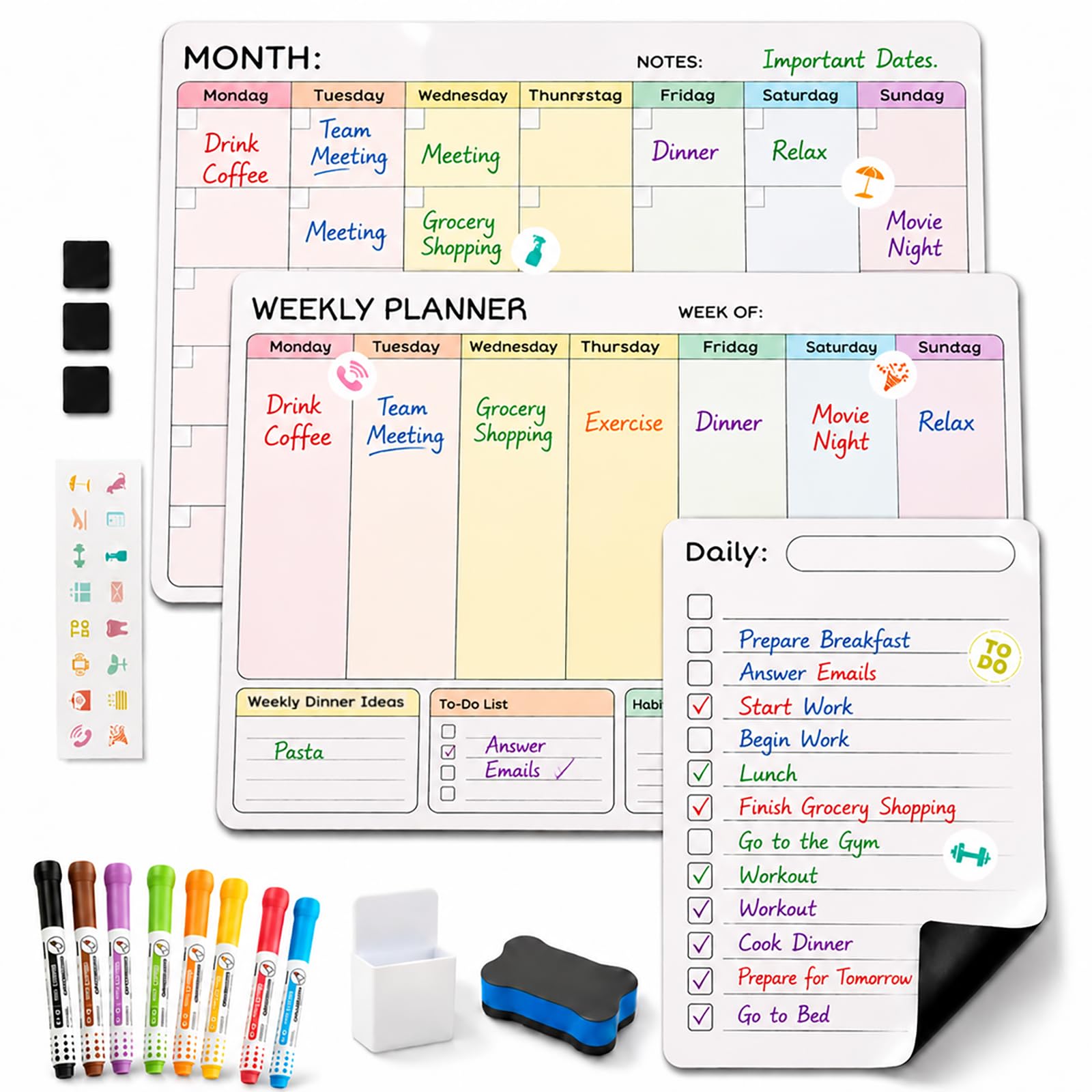 3-Pack Magnetic Fridge Whiteboard Calendar, Magnetic Calendar for Fridge
