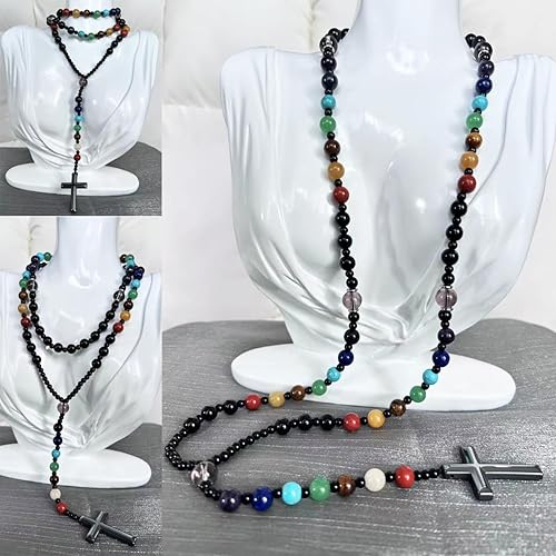 Vista 62 de Tiger Eye Cross Necklace for Men, Obsidian Necklace, Hematite Cross Pendant Lava Rock Rosary Healing Crystal Necklaces