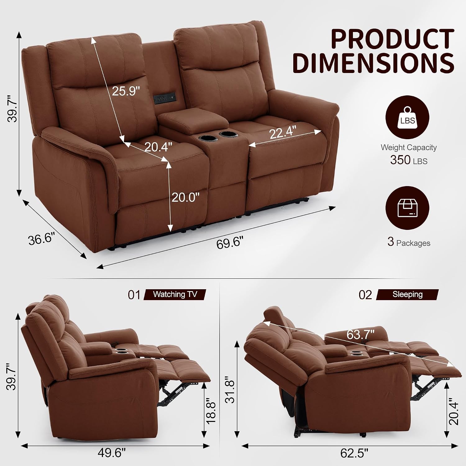 Korser Reclining Loveseat Sofa with Console USB Outlets Cup Holders Leather 2-Seater
