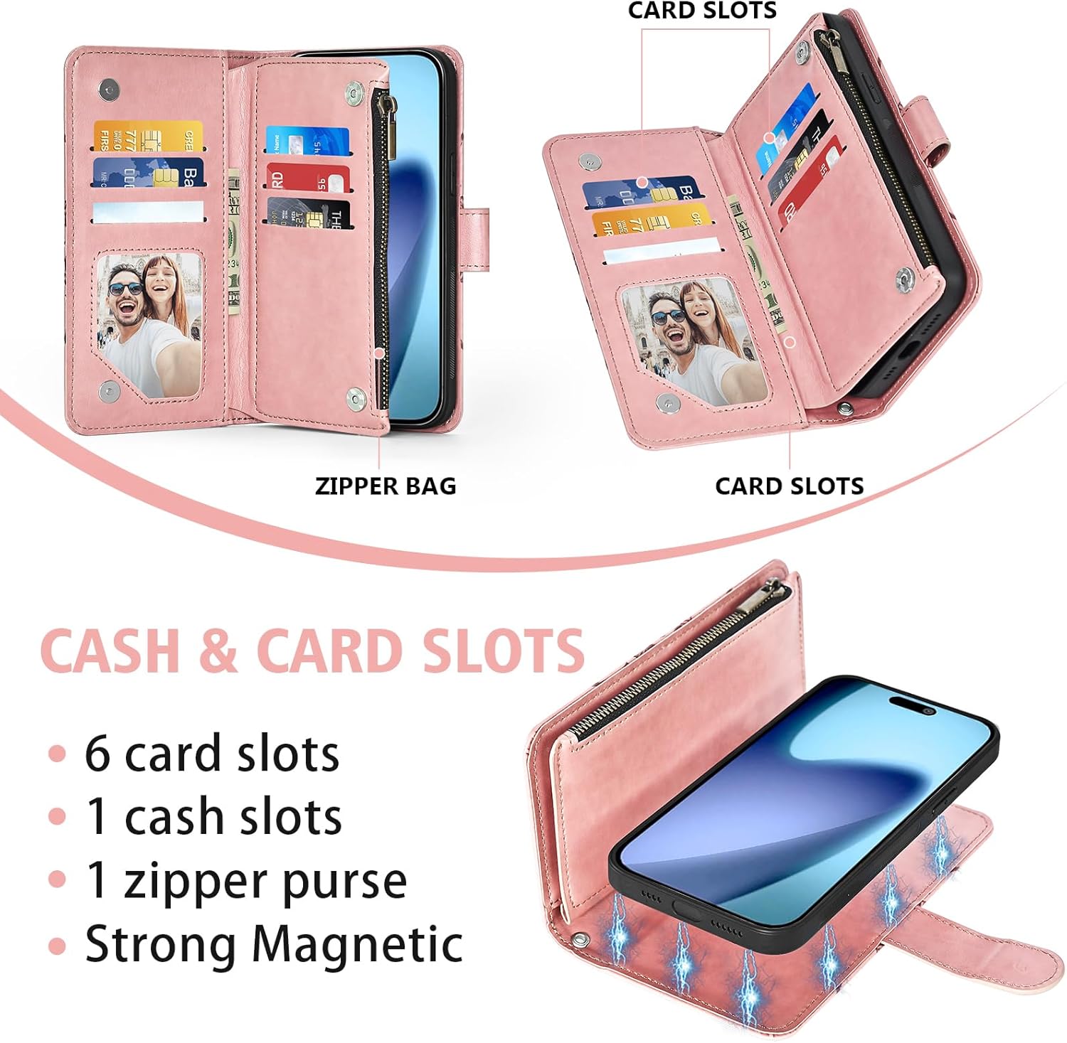 Asuwish Phone Case for iPhone 17 Air 6.5 inch Zipper Wallet Detachable Cell Cover with Tempered Glass Screen Protector Crossbody Strap Flower Flip Card Holder i Phone17 i17 17Air Women Girls Rose Gold