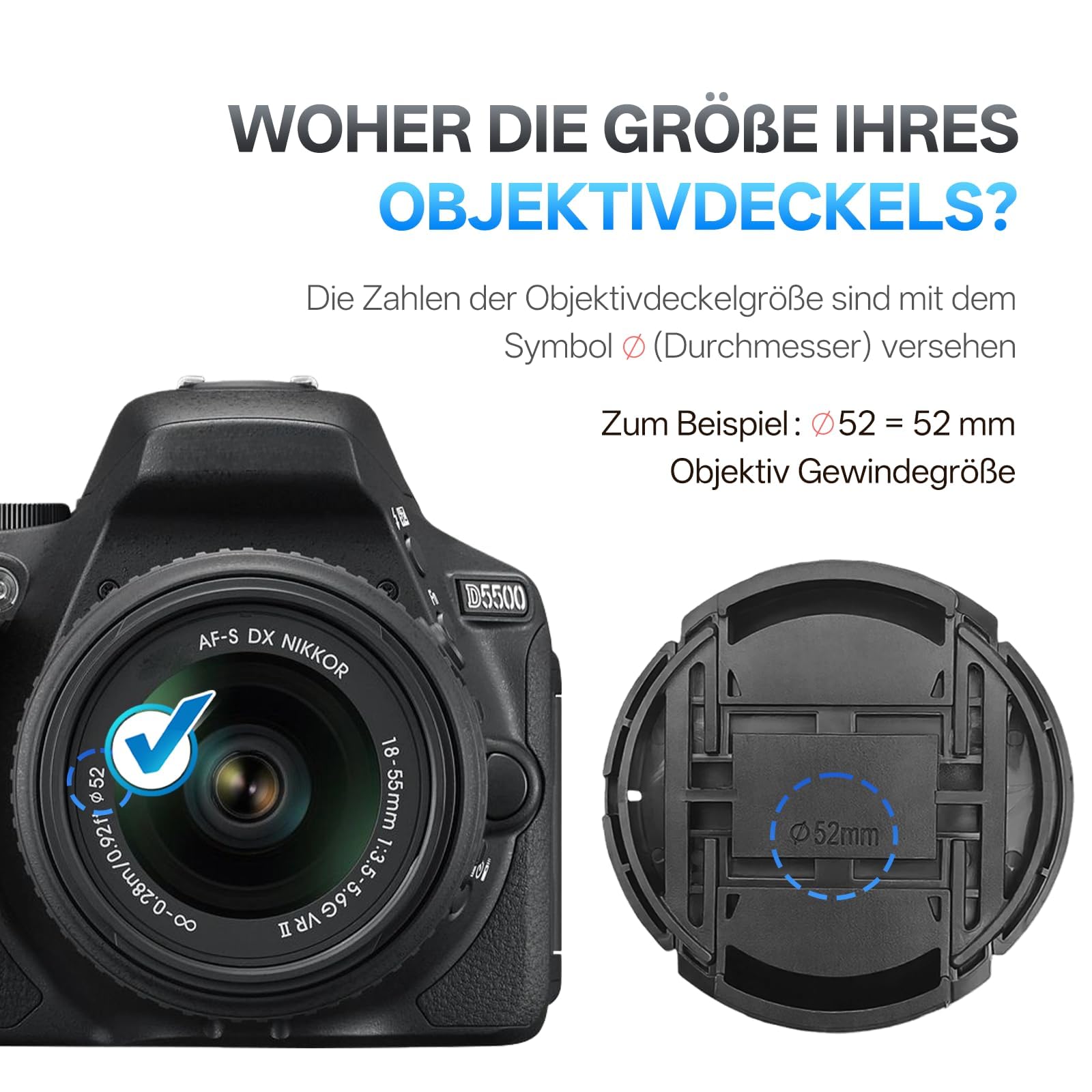 Zestaw Pokrywka Obiektywu – Dekielek Środkowy Zaciskowy, Zabezpieczenie Obiektywu z Wisząca Lina, Dekiel do Kamery Ø52mm, Akcesoria Fotograficzne Kompatybilny z Aparatami Różnych (2 Sztuk)