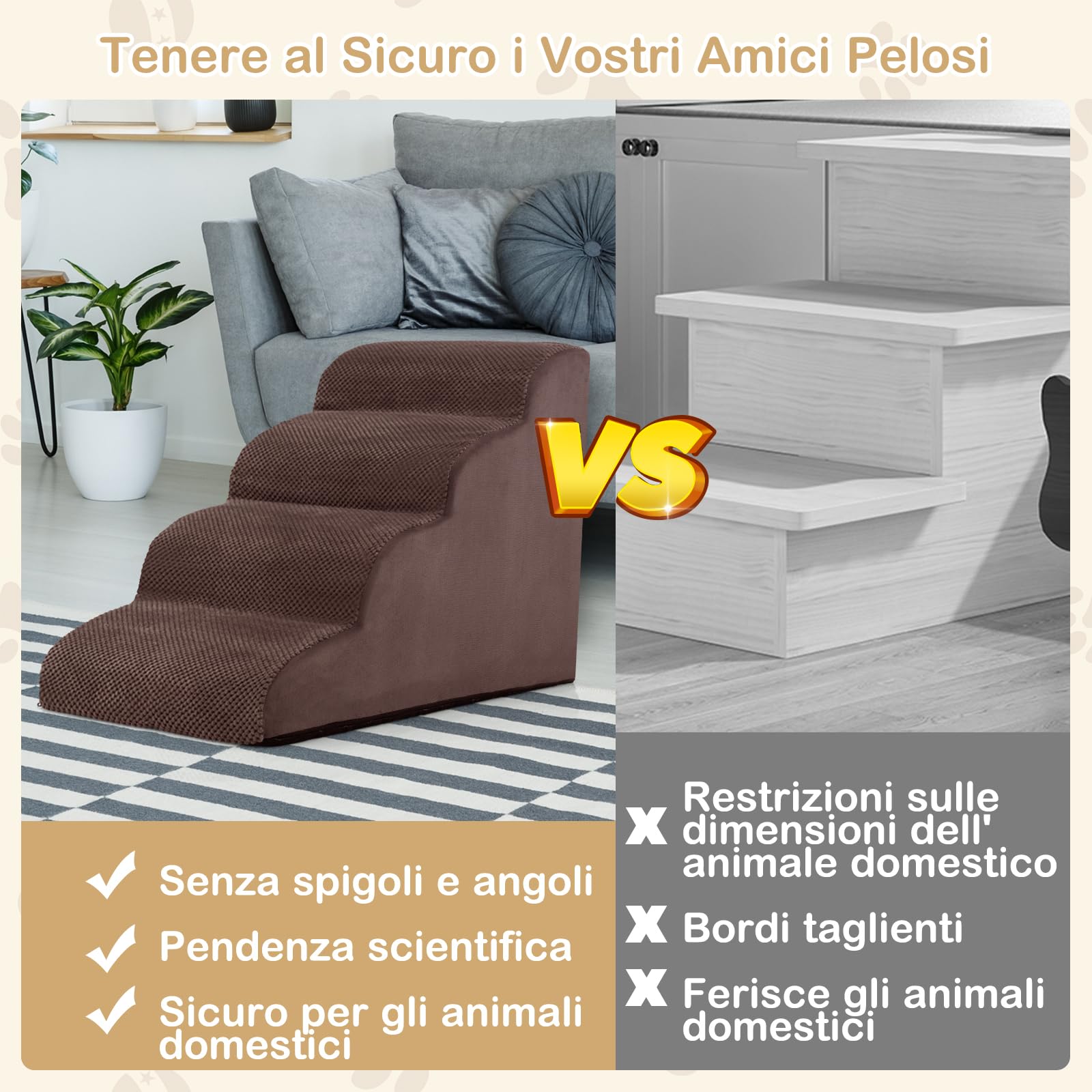 GYMAX Scaletta per Cani in Spugna, Fondo Antiscivolo, Rivestimento Rimovibile e Lavabile, Scala per Animali Domestici per Divano e Letto (4 Gradini - Caffè)