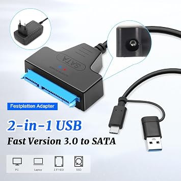 SATA USB Adapter for External and Internal Hard Drives 2.5 & 3.5 SSD/HDD SATA to USB Adapter with 12V 2A Power Supply Compatible with Windows Mac and Linux