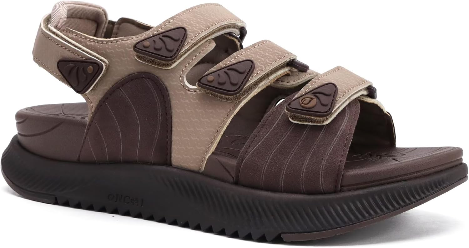 Hiking sandals with support, cushioned footbed, water-resistant soles.