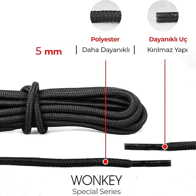 Yuvarlak Spor Ayakkabı Bağcığı, Botlar ve iş Ayakkabıları için Dayanıklı Polyester Bağcık, Kaliteli Ayakkabı Aksesuarı [1 ÇİFT]