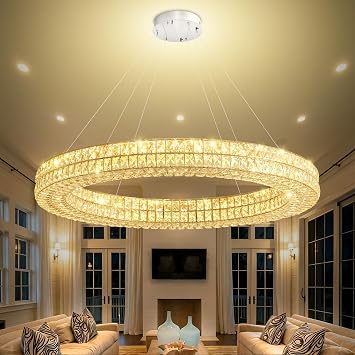 47.5in Large Ring Chandelier Round Crystal Chandelie for Living Room Led Dimmable Ring Pendant Light Ceiling Lighting 2700k-6000k