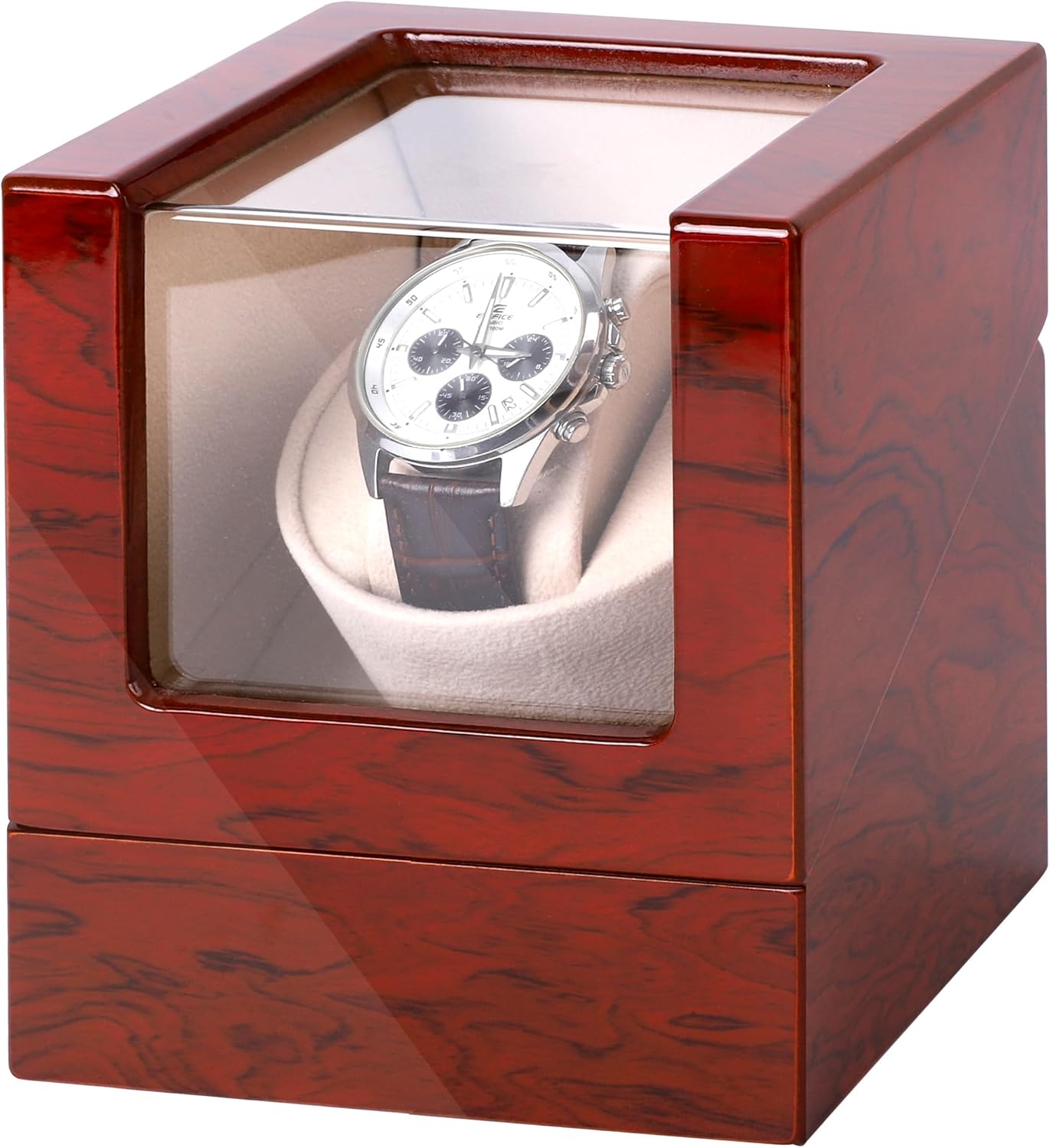 Automatic Single Watch Winder Box for Rolex and Other Watches, Wooden Watch Case with Luxury Mahogany Tone Piano Finish, Ultra Quiet Japanese Motor, Premium Watch Box for Men and Women
