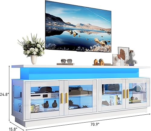 Miniatura 2 de Soporte de TV LED de 71" con toma de corriente, moderno soporte de TV blanco de alto brillo para sala de estar para TV de 65 70 80 pulgadas, centro