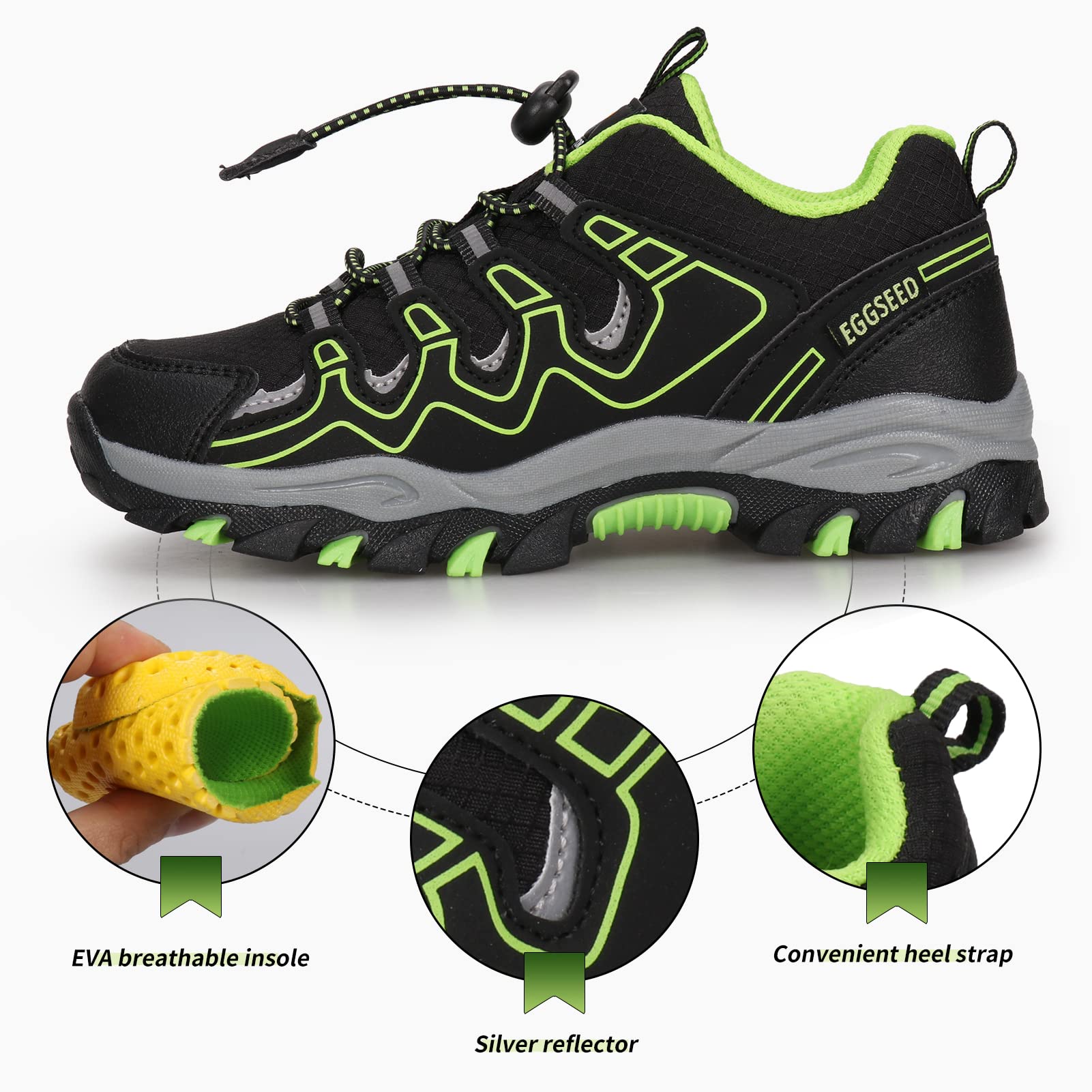 Eggseed Boys Kids Hiking Trail Shoes Waterproof Slip Resistant Outdoor Trekking Walking Running Sneakers,Black/Green,4.5 US Big Kid