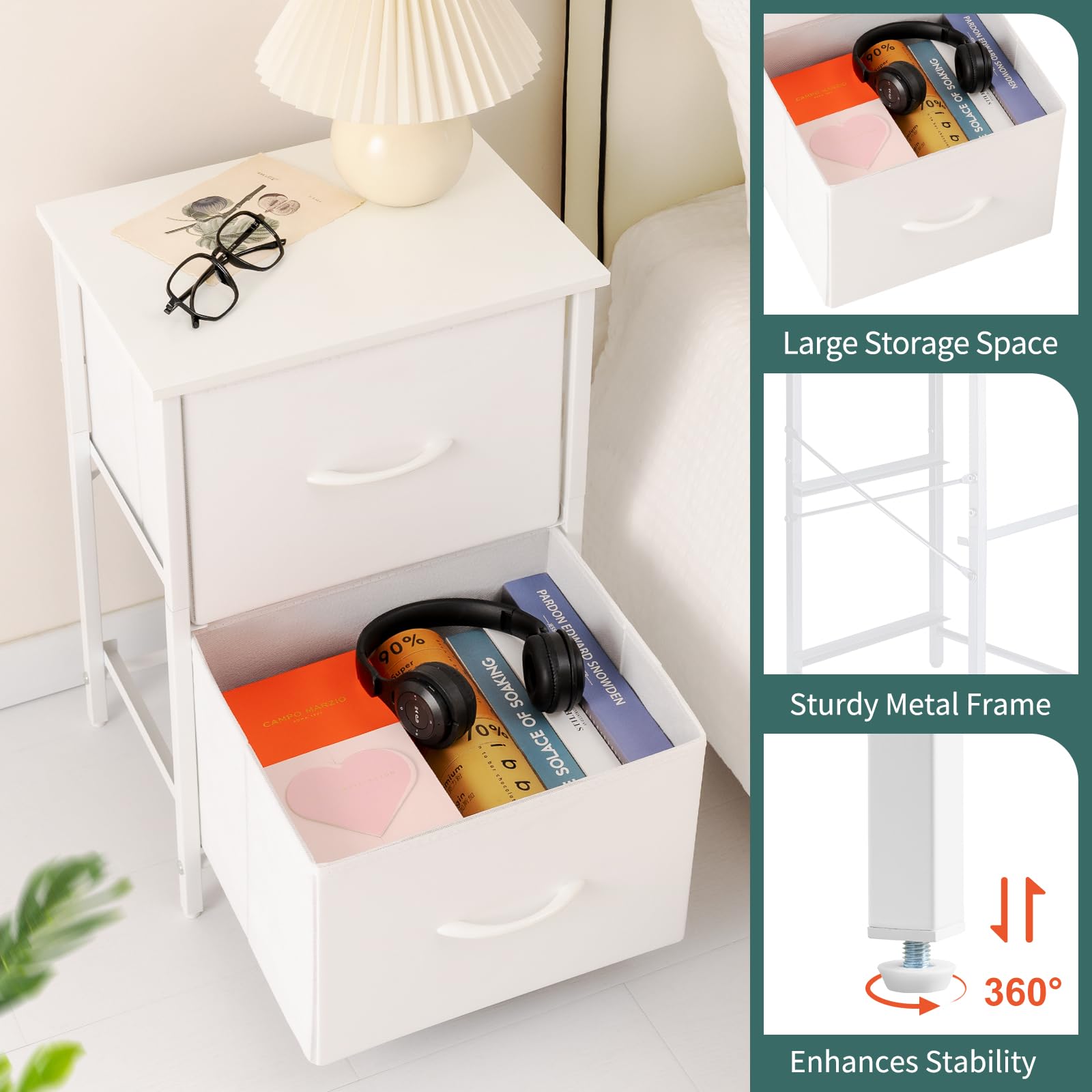 Yoobure Comodino Con Stazione Di Ricarica USB E Prese - 2 Cassetti In Tessuto E Ripiano Aperto, Piccolo Tavolino In Legno E Acciaio Per Camera Da Letto, Marrone