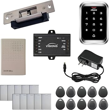 Visionis FPC-5456 One Door Access Control Electric Strike Fail Safe and Fail Secure Adjustable 770lbs + Outdoor Keypad/Reader Standalone with Mini Controller + Wiegand 26, EM Card, 1000 Users Kit