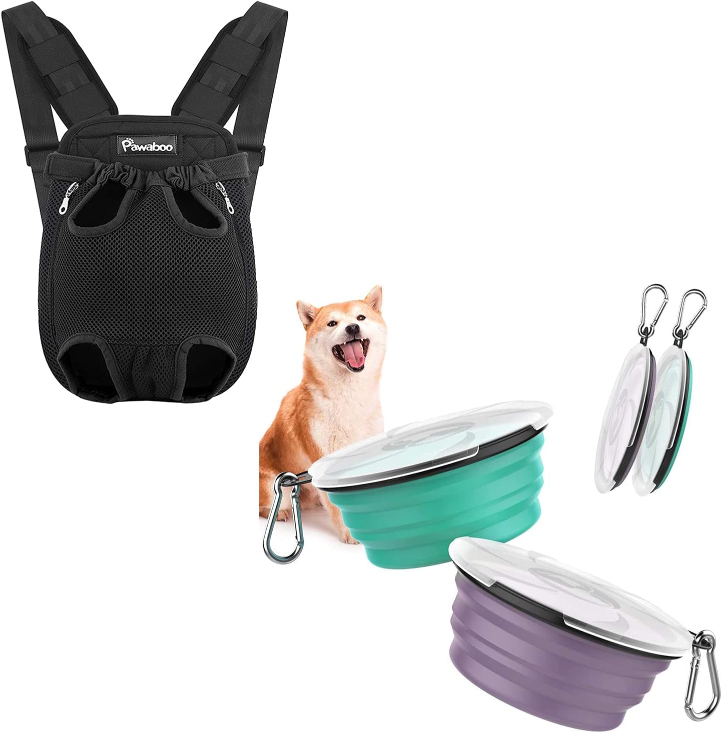 Pawaboo Pet Carrier Backpack L Size Black & Collapsible Dog Bowls 2 Pack
