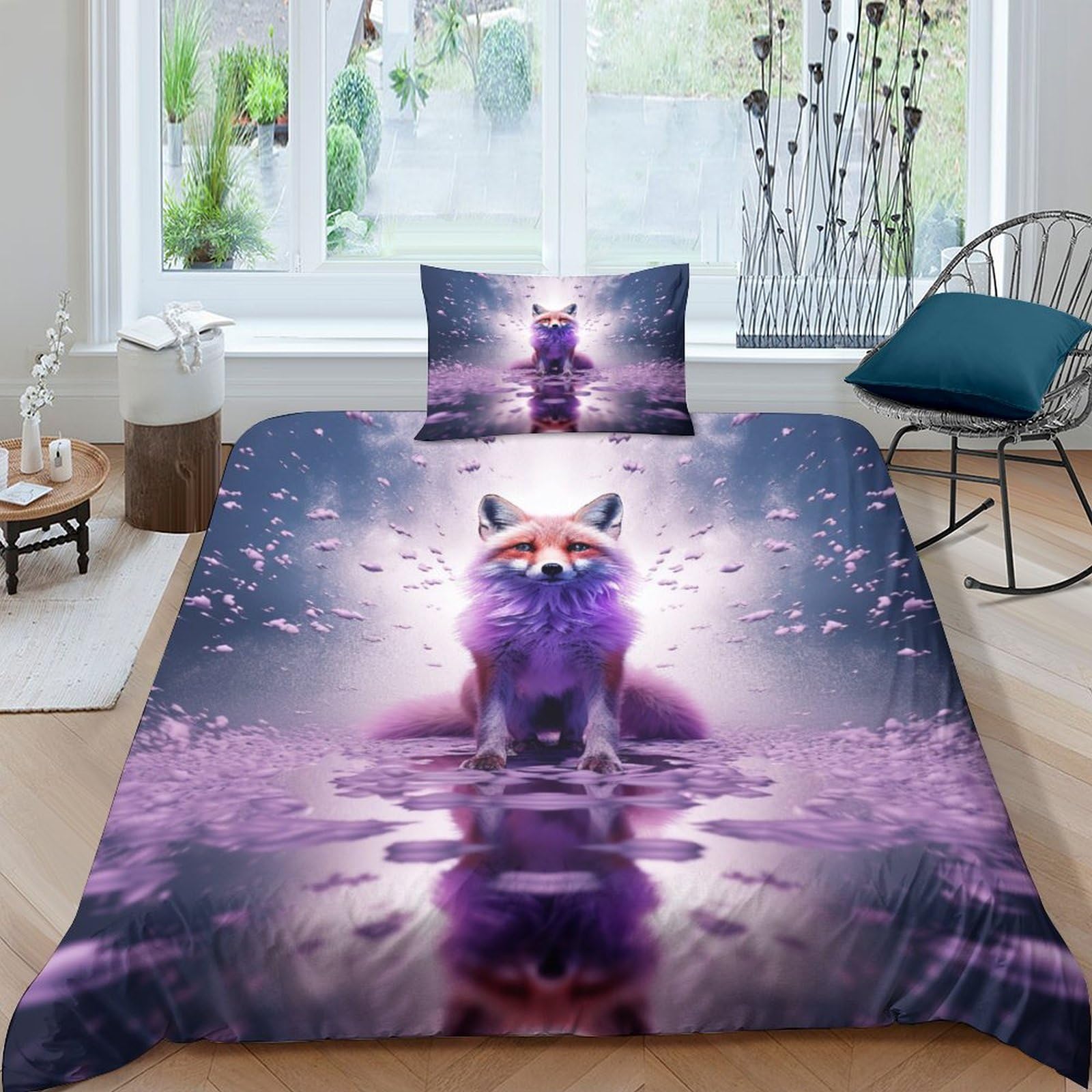 Parure de lit microfibre anti-plis et housse de couette renard blanc 135x200