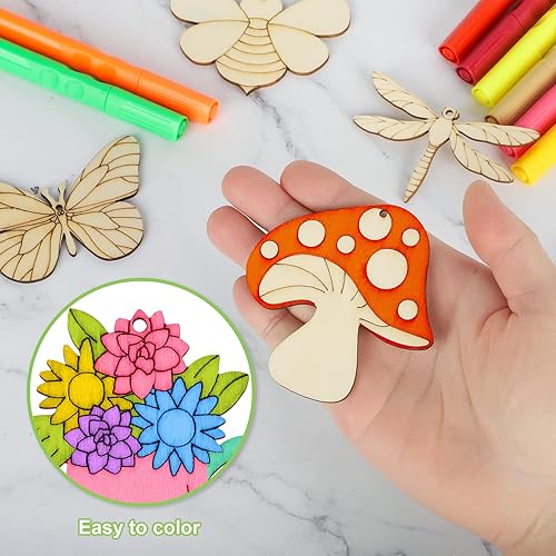 Miniatura 2 de 80 piezas de adornos de madera de primavera para pintar, 8 estilos de adornos de madera sin acabado para bricolaje, cortes en blanco