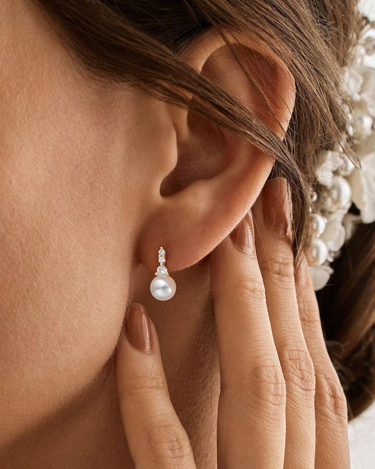 Pearl Earrings: 14k Gold/White Gold/Rose Gold Plated Cubic Zirconia Accented Pearl Drop Dangle Wedding Engagement Earrings For Women Bridal Bridesmaid - Image 3