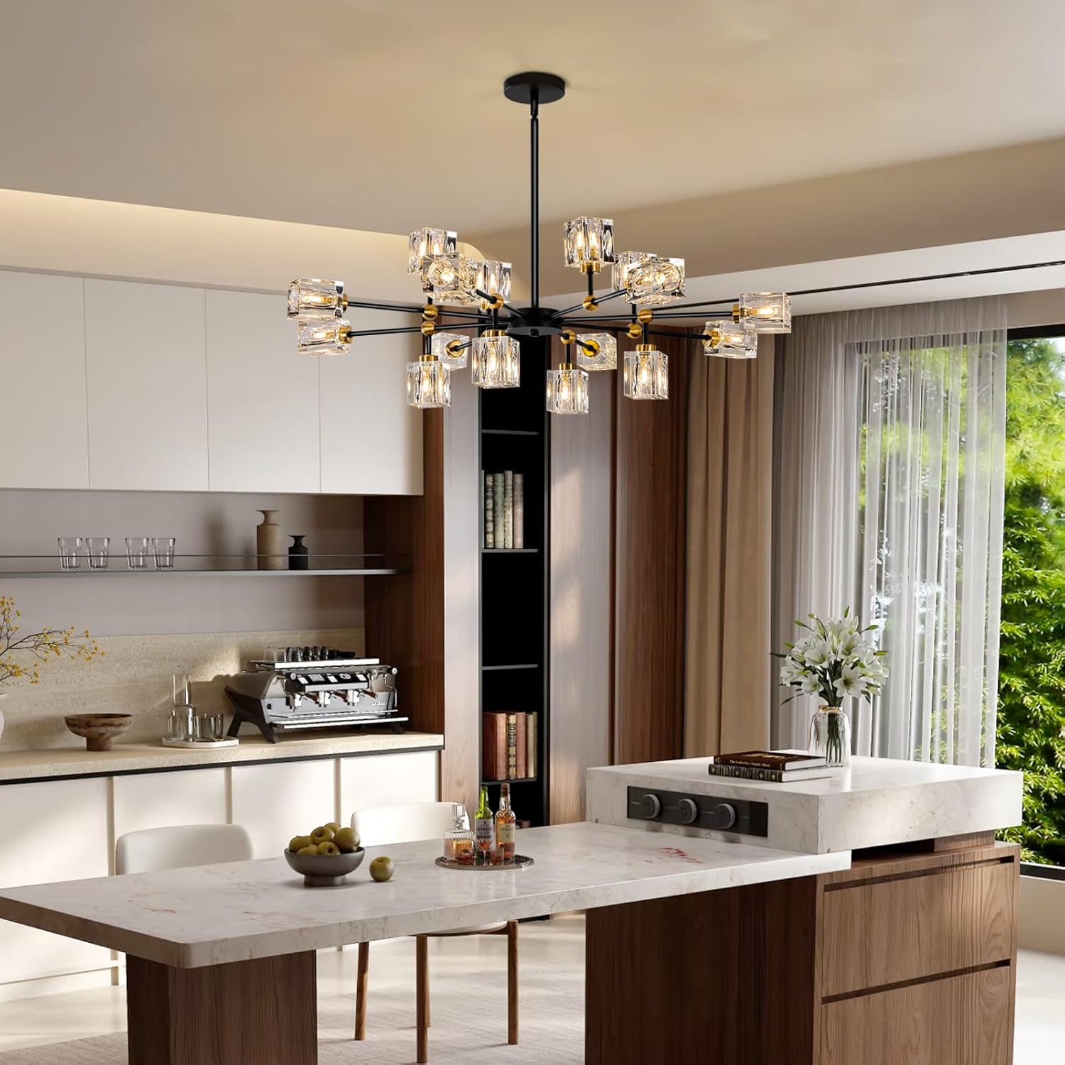 16-Light Crystal Ceiling Light Fixture Semi Flush Mount Ceiling Light Fixture Modern Black and Gold Sputnik Chandeliers for Dining Room Living Room Kitchen Island Hallway Bedroom