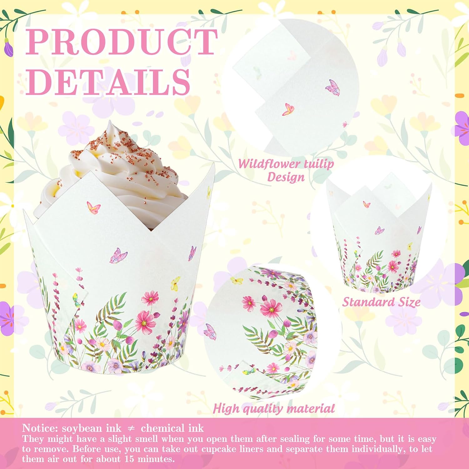 AnyDesign 200Pcs Wildflower Tulip Cupcake Liners Muffin Baking Cups Spring Floral Cupcake Wrappers for Wedding Bridal Baby Shower Holiday Party Supplies Table Decor