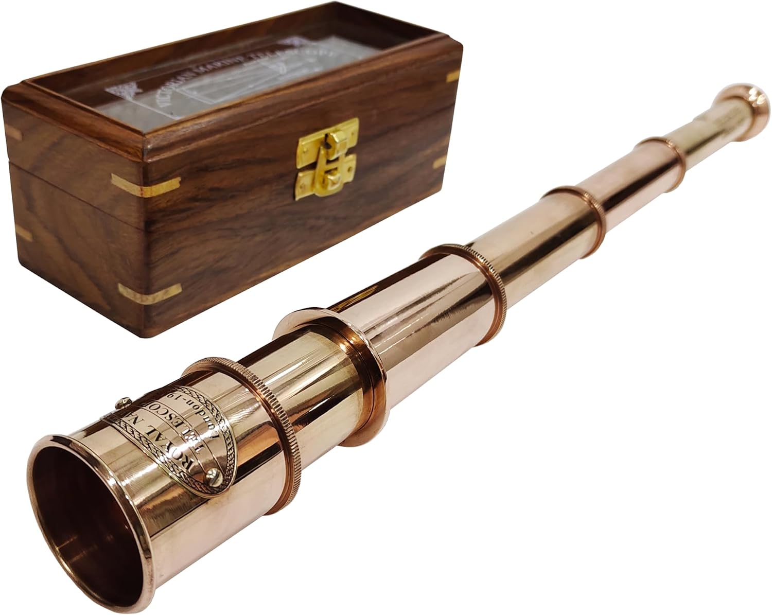 Vintage Marine Sailor Telescope Shiny Copper Antique Telescope Royal Navy 1915 Collectible Spyglass with Wooden Glass Cover Box Home Decorative