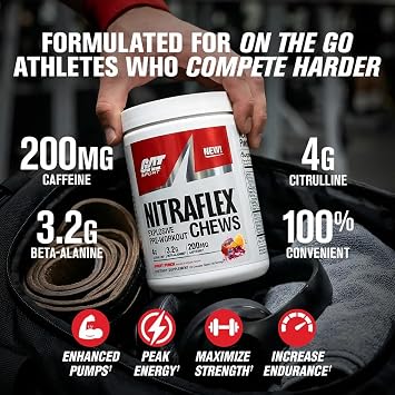 GAT SPORT NITRAFLEX PREWORKOUT Chews, Fruit Punch, 120 Tablets | Pre-Workout Energy Supplement, Supports Healthy Blood Flow, Boosts Strength & Energy, Creatine-Free
