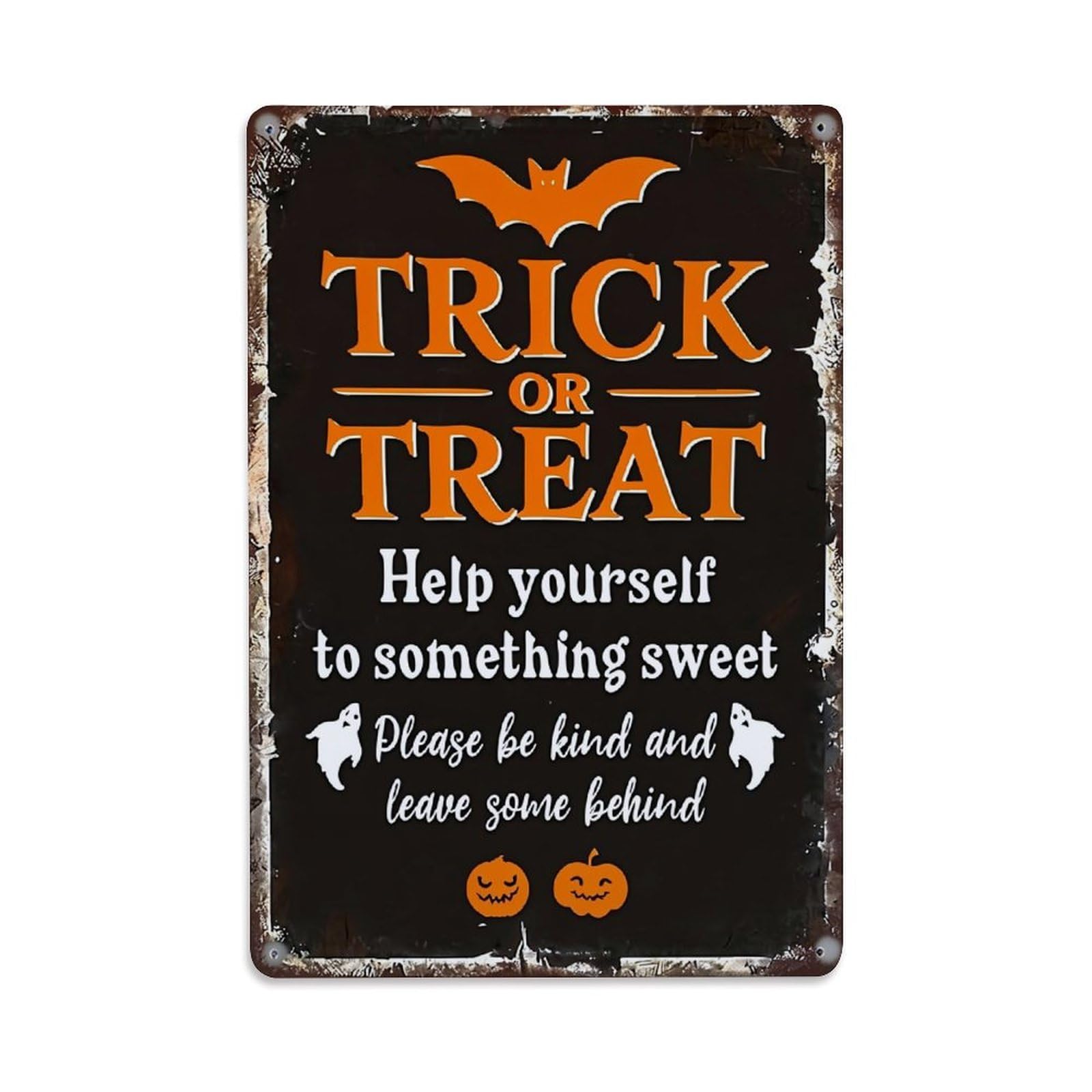 Trick Or Treat Sign With Bat And Pumpkins Retro Metal Tin Sign, Vintage Decor Art Poster for Bar, Home, Man Cave, Kitchen, Laundry Room Gift 8x12Inch
