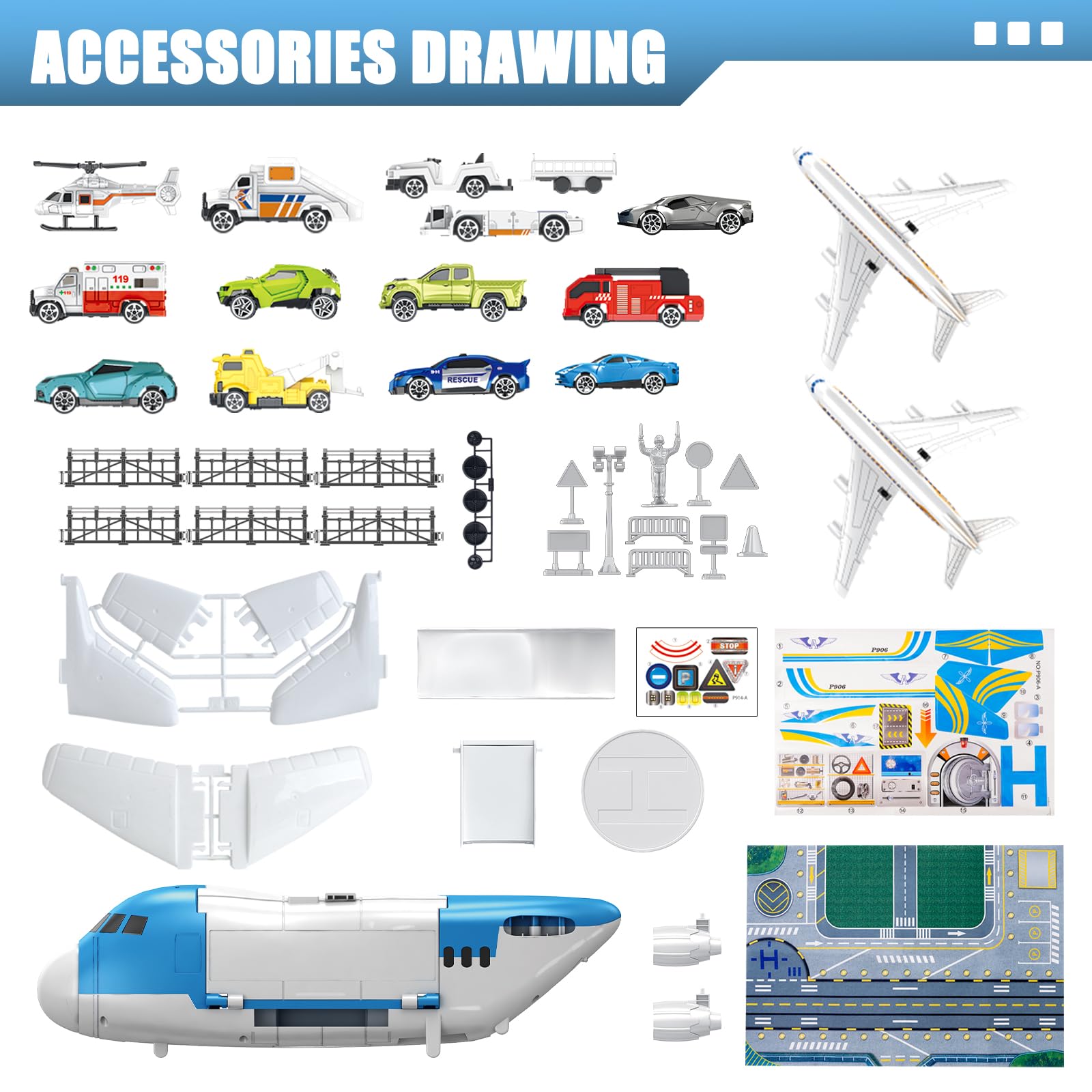 Set Giocattoli Trasporto Aereo Auto 15 Mezzi con Segnaletica Stradale Tappetini da Gioco Regalo Bambini 3+