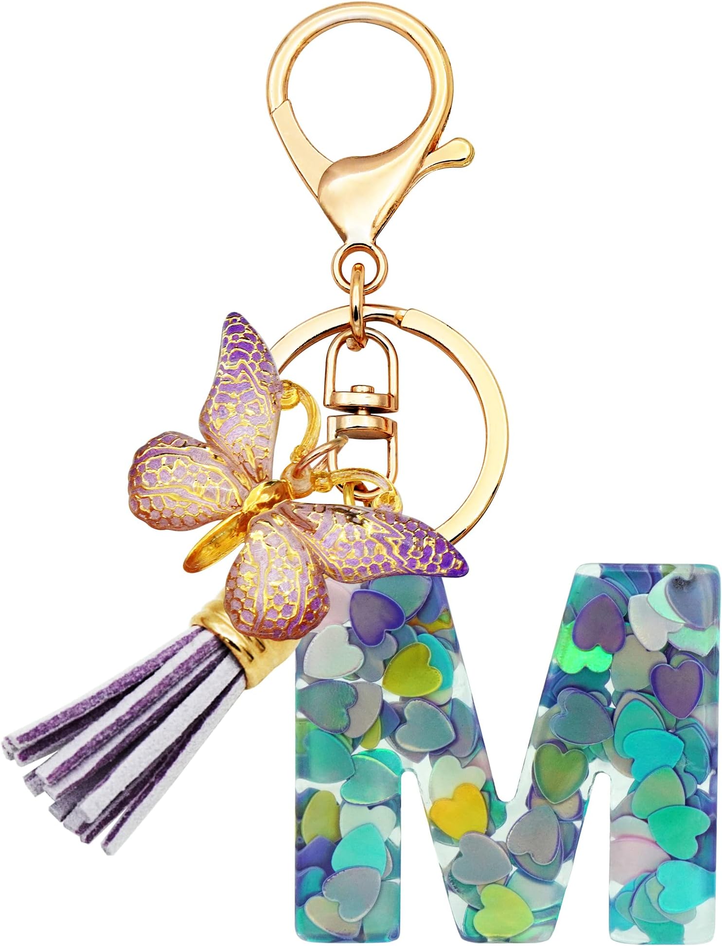 TTYYInitial Letter Keychains for Girls Women Pink Purple Green Cute Butterfly Heart Keychain for Backpack School Bag