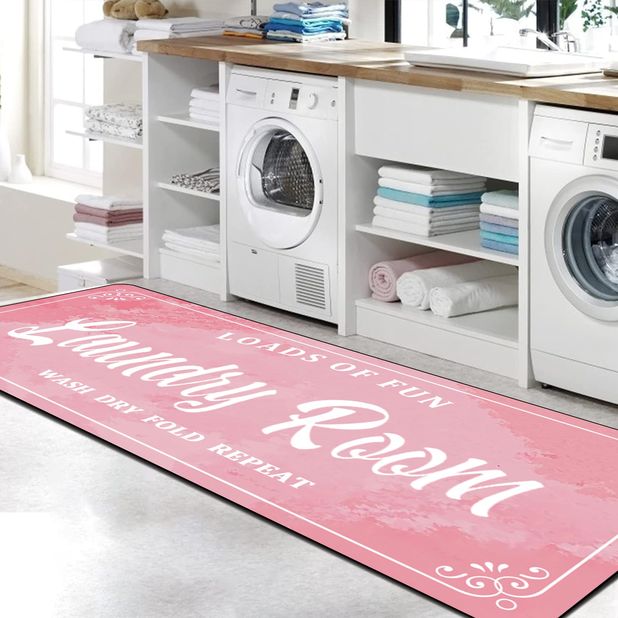 Laundry Room Rug Non Slip Floor mats Farmhouse Large Laundry Rugs for Pink Laundry Runner Room Mat Washer and Dryer Carpet Laundry Room Decor